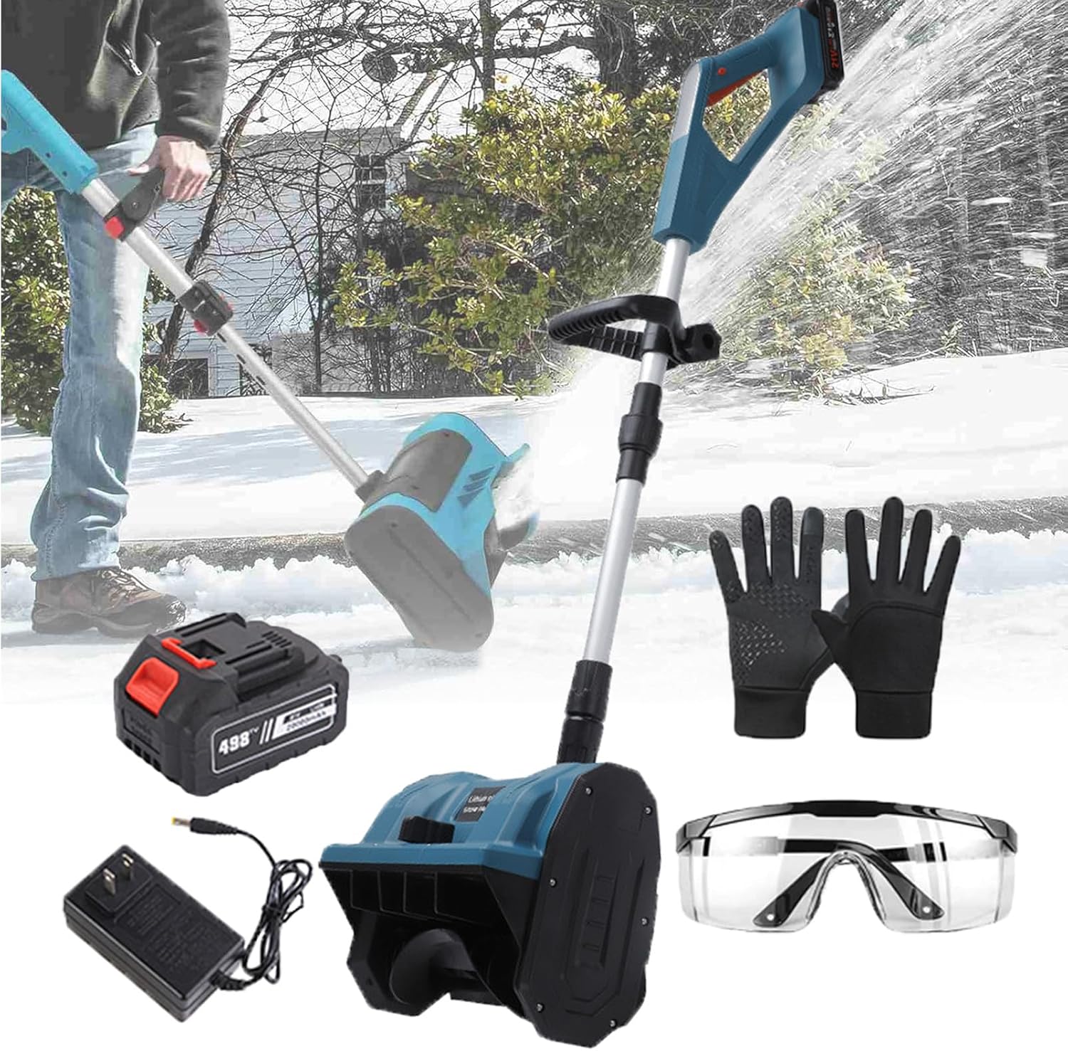 Electric Snow Shovel, Cordless Snow Blower, Retractable Snow Thrower, 13in Width, 7.9in Depth, 26ft Throw Distance for Snow Removal,Blue-1Battery