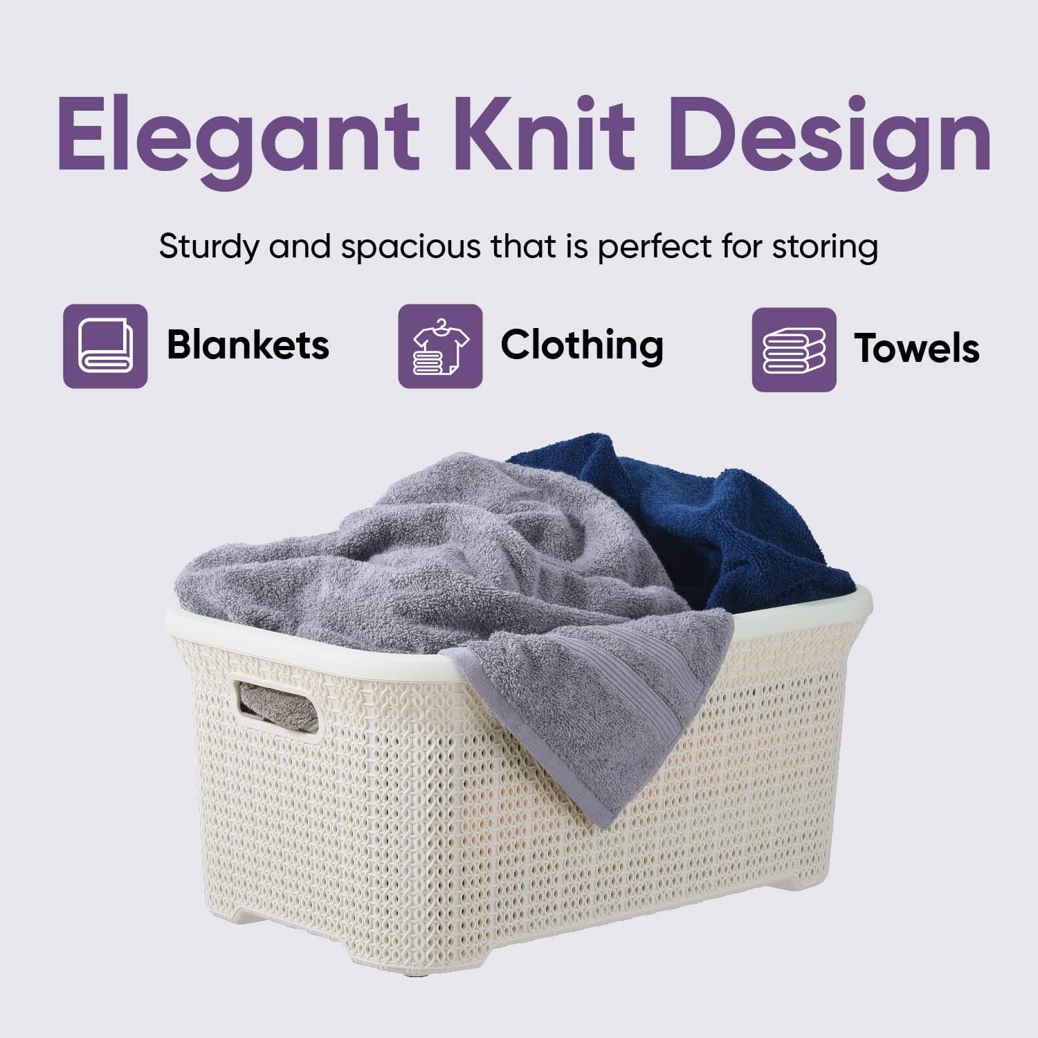 Designed Laundry Basket Plastic Small Storage Hamper Basket, Cream Cloths Basket Organizer with Cut-out Handles. Space Saving for Laundry Room Bedroom Bathroom, Knit Design 40 Liter.