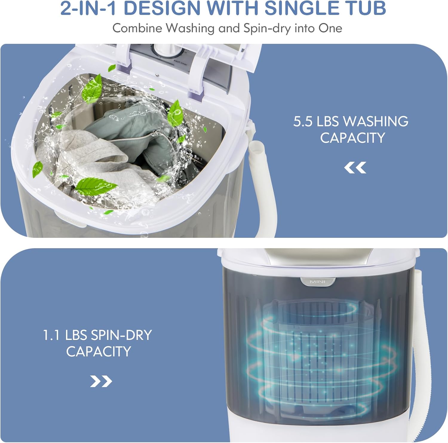 Nightcore Mini Washing Machine, 5.6 LBS Portable Washer and Dryer Combo with Spin Cycle Basket & Drain Hose, Small Washign Machine, Semi-automatic Laundry Washer for Apartment Dorm RV, Grey
