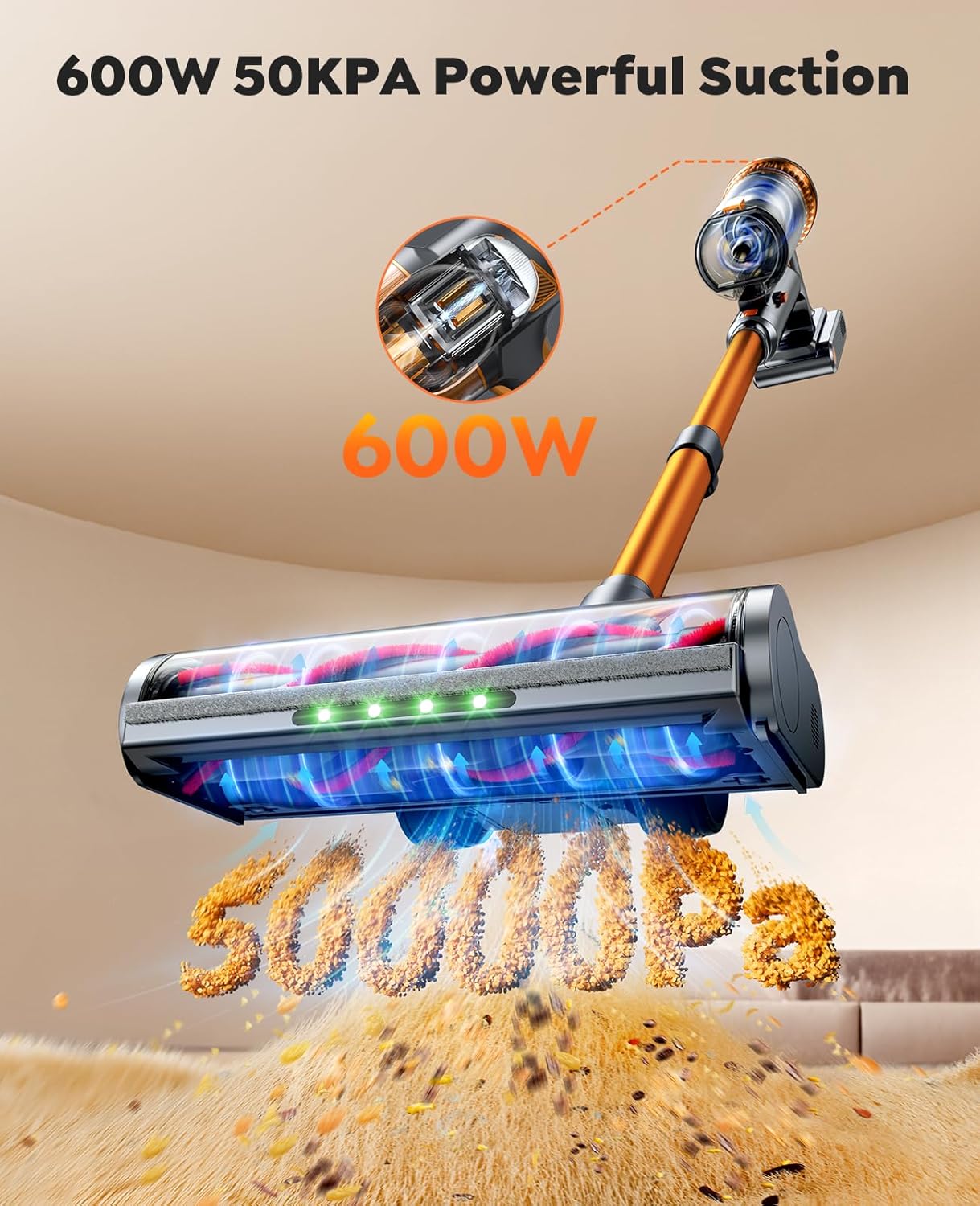 Cordless Vacuum Cleaner,600W 50KPa 65Mins Vacuum Cleaners for Home,Stick Vacuum with LED Touch Screen,Wall Mount Charging,Self-Standing Cordless Vacuum for Pet Hair/Carpet/Hard Floor/Car