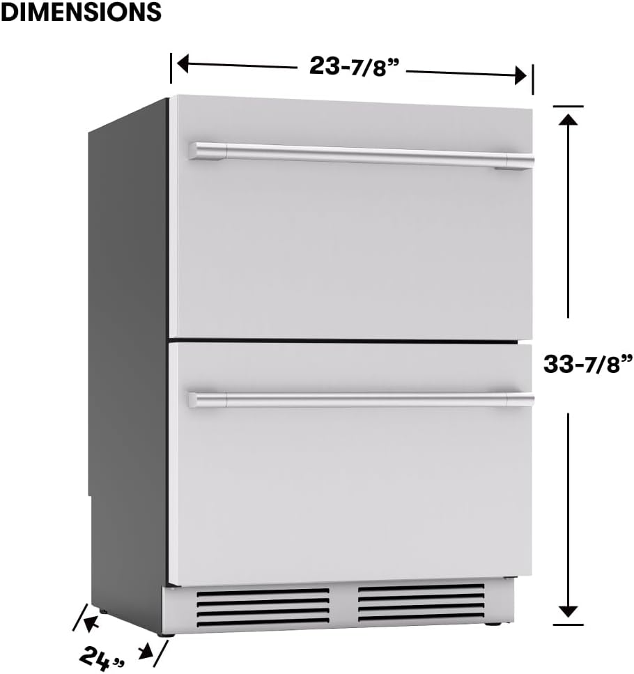 Zephyr Presrv 24 Inch Dual Zone Refrigerator Drawers Wine & Beverage Fridge, Stainless Steel Wine Cooler Home Bar Under Counter Freestanding Built In, Energy Star Certified, 5.1 Cu. Ft