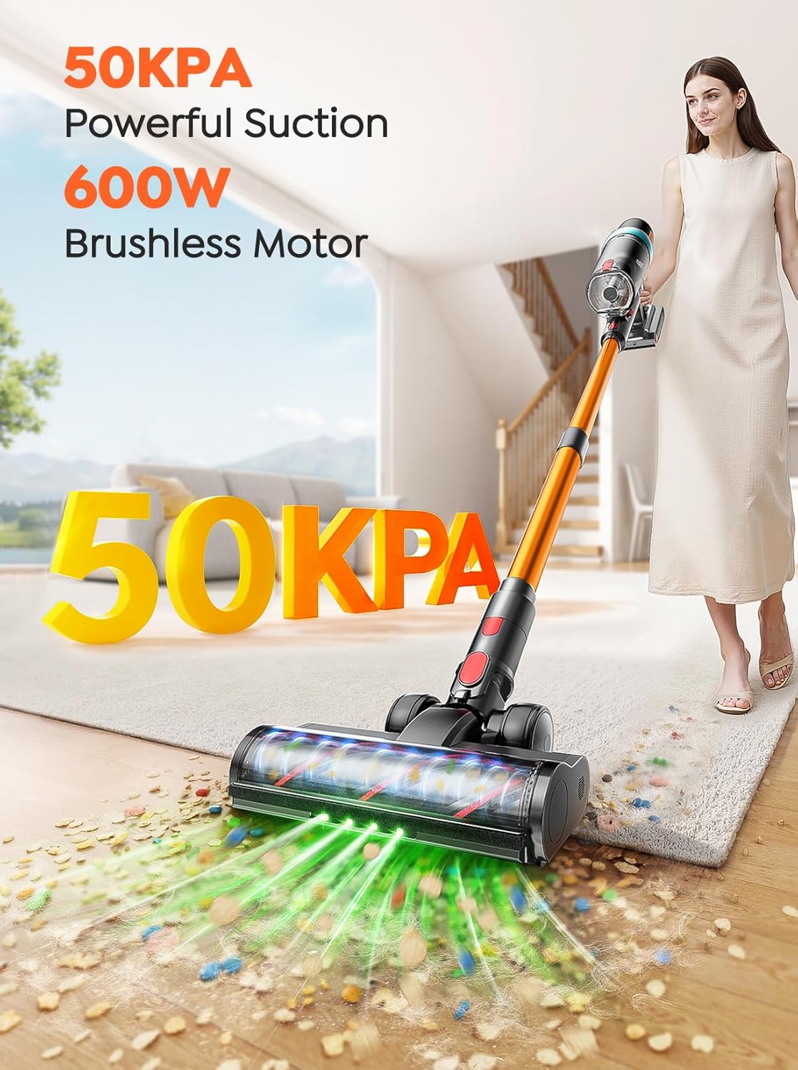 Cordless Vacuum Cleaner, 600W 50KPA 65Mins Vacuum Cleaners for Home, Upgraded Stick Vacuum with 3.3Ft Extendable Hose, LED Touch Screen & Wall Charging Station for Hard Floor Carpet Car Pet