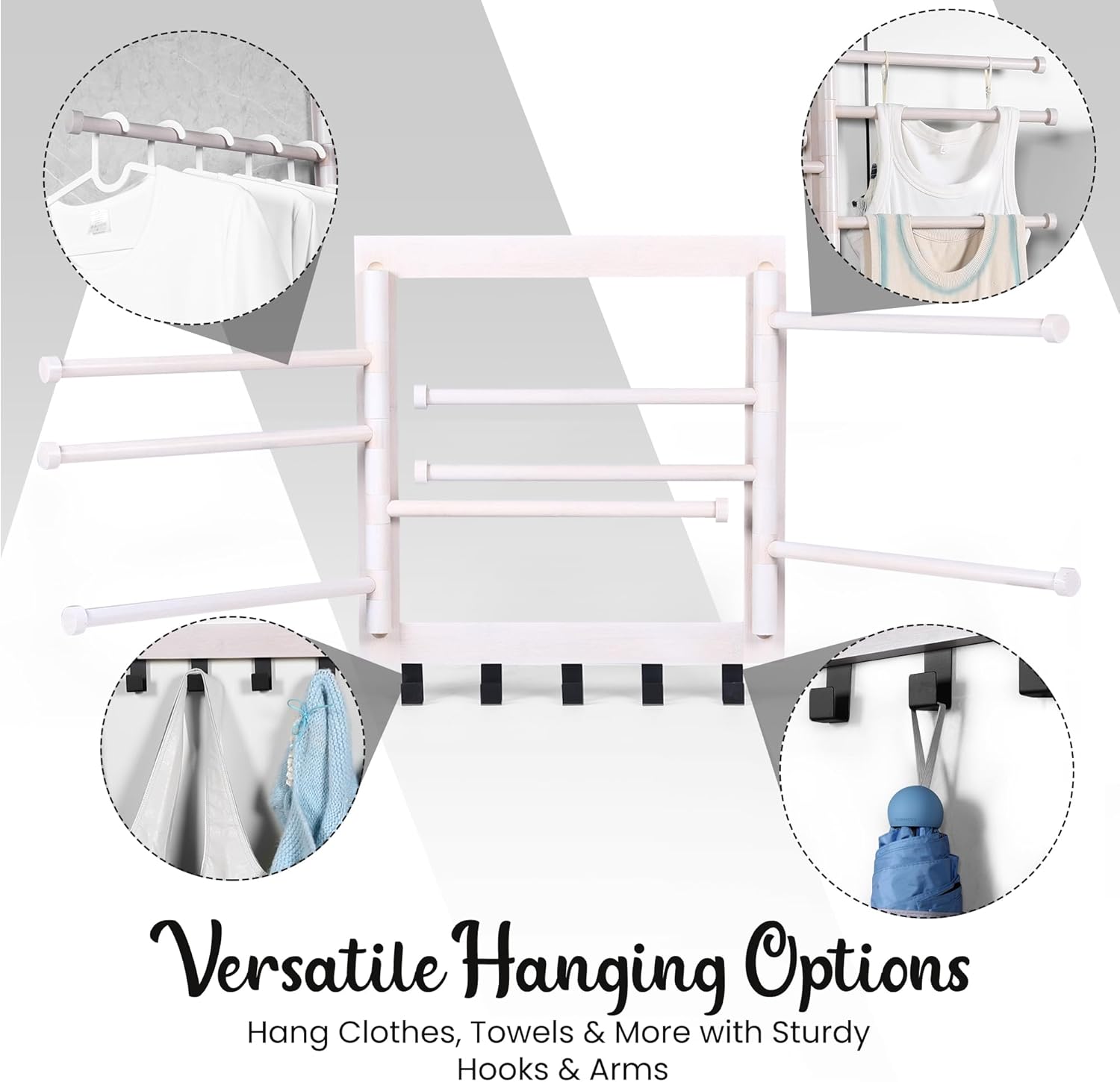 Wall Mounted Drying Rack - Clothes Drying Rack Wall Mounted for Laundry - 20 INCH - with 5 Hooks and 8 arms - 80 lbs Capacity - White Bamboo