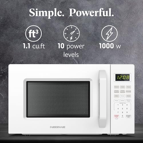 Farberware FMO11WEIWH 1.1 Cu. Ft. 1000-Watt Countertop Microwave Oven, White – Compact Microwave with Reheat Function, Express Cook, and Kitchen Timer