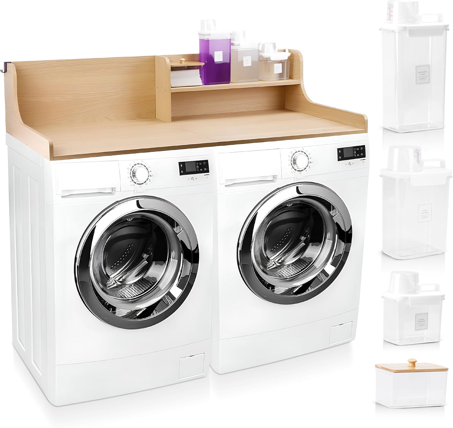 SOBHI | Washer and Dryer Countertop with Laundry Accessories | 54″ x 27″ Laundry Room Organization and Storage Topper | 3 Detergent Dispensers, Dryer Sheet Box, Hooks & Anti-Slip Pads, Oak Wood Finish