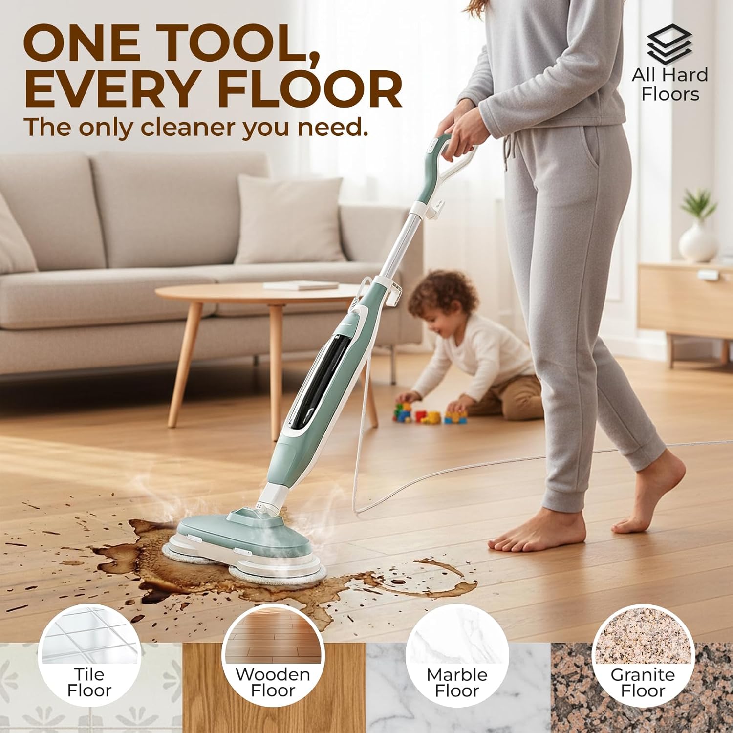 Apical Life Steam & Scrub Steam Mop, All-in-One Scrubbing and Sanitizing Hard Floor Cleaner, LED Headlights, 4 Dirt Grip Soft Scrub Pads Included, L Water Tank, Swivel Steering, Light green