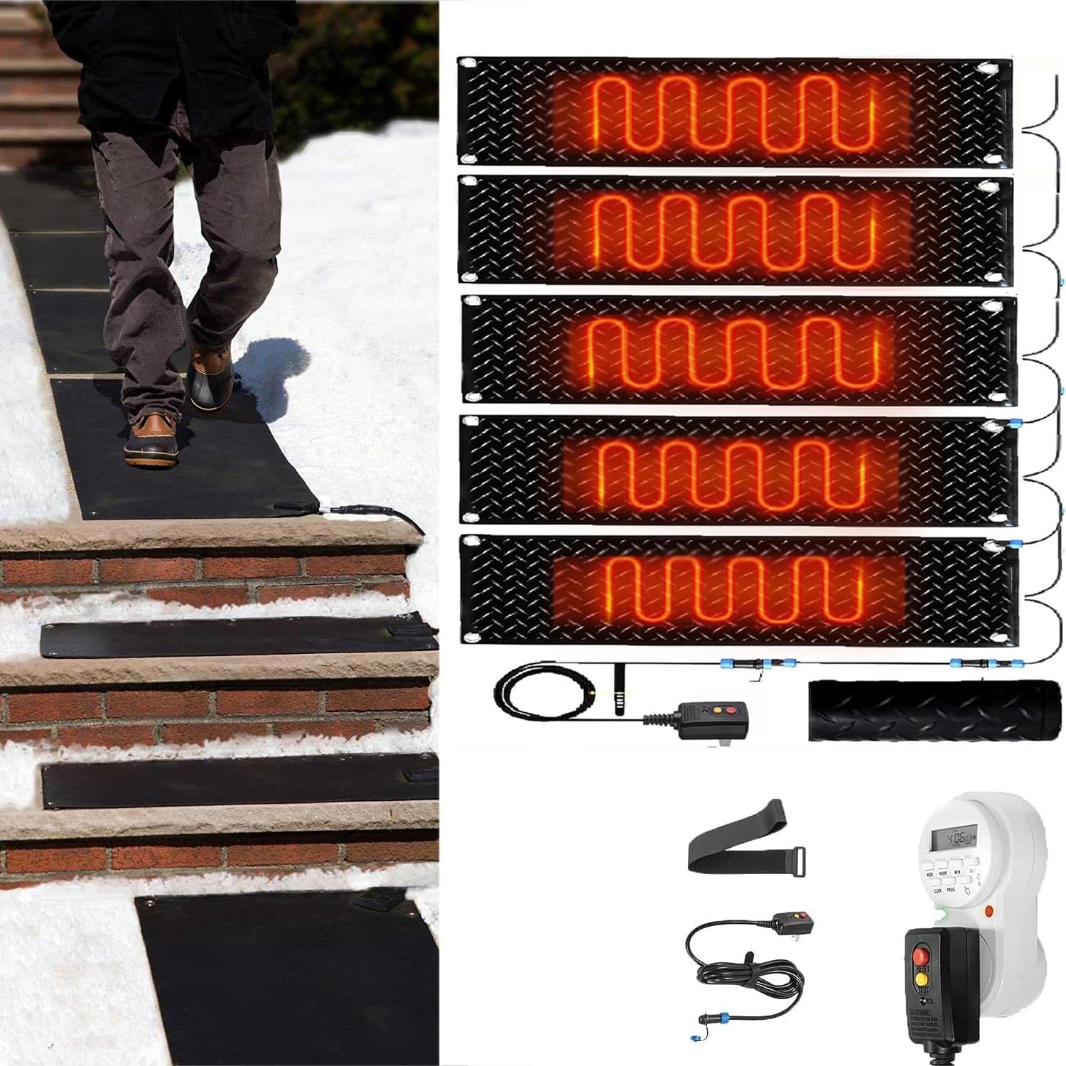 Heated Snow Melting Mats with Timer, 1/2/3/4/5 Pcs Outdoor Heated Driveway Mats Snow and Ice Melting Pad with Power Cord for Winter Stairs, Steps,doorway, Sidewalk, Garages, Decks(5 Pcs,12x48i