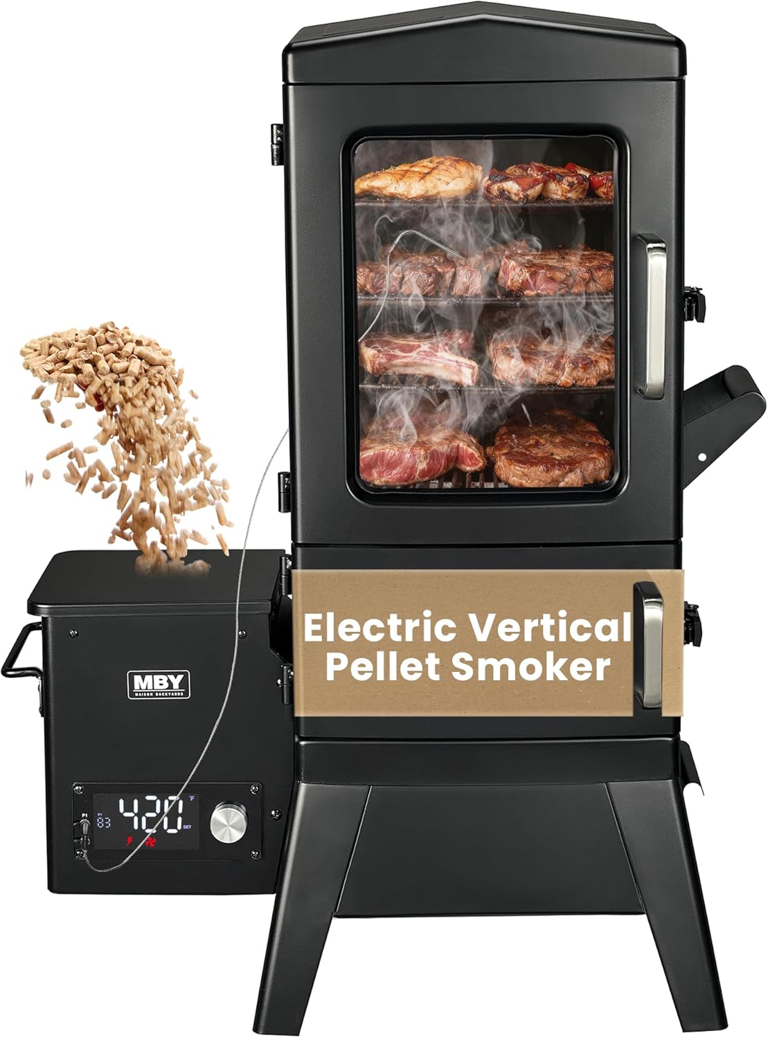 Vertical Electric Pellet Smoker with Cover & Meat Probe, 4-Rack Digital BBQ Electric Smokers, 616 Sq.in, LED Temperature Control, Ribs, Brisket, Chicken