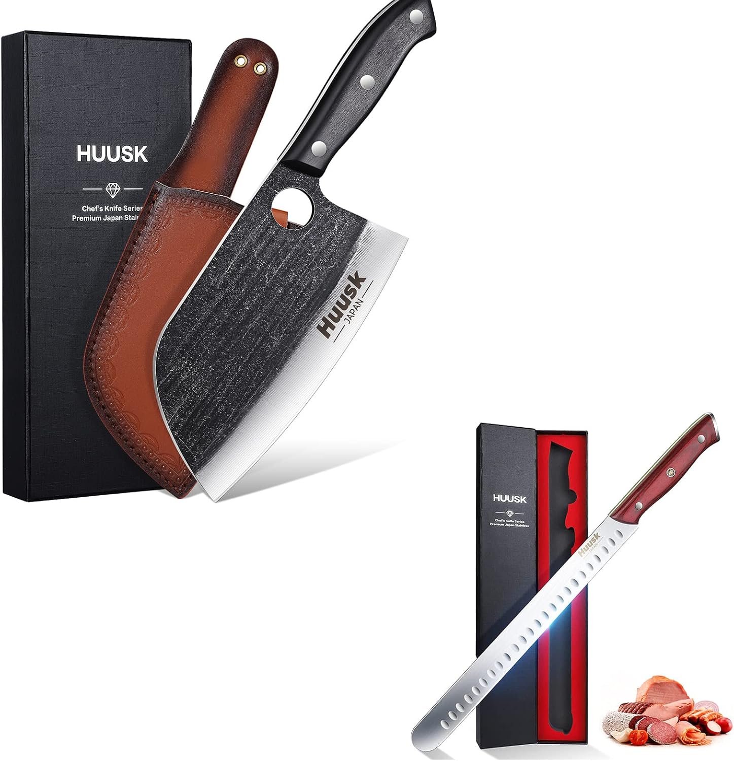 Huusk Upgraded Japan Knives Bundle, Hand Forged Serbian Knife and Carving Slicing Knife with Premium Blade Ultra Sharp, for Kitchen and Outdoor Use, Ideal Gift on Mother's Day Father's Day Chrismas