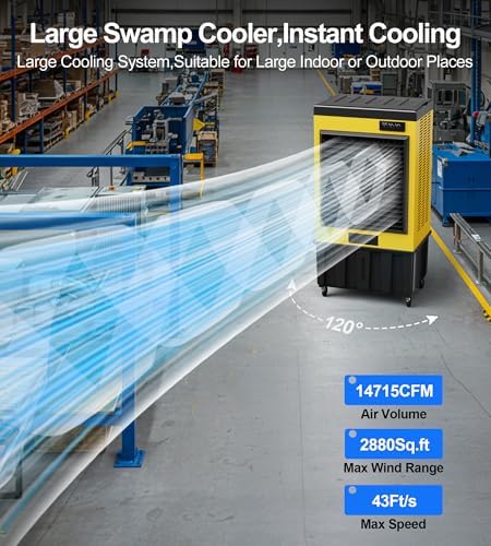 14715CFM Swamp Cooler, Evaporative Air Cooler with Continuous Auto Fill,53-Gal Water Tank,5 Ice Packs,Portable Evaporative Cooler for Outdoor Patio Garage Commercial Industrial Use, 70IN