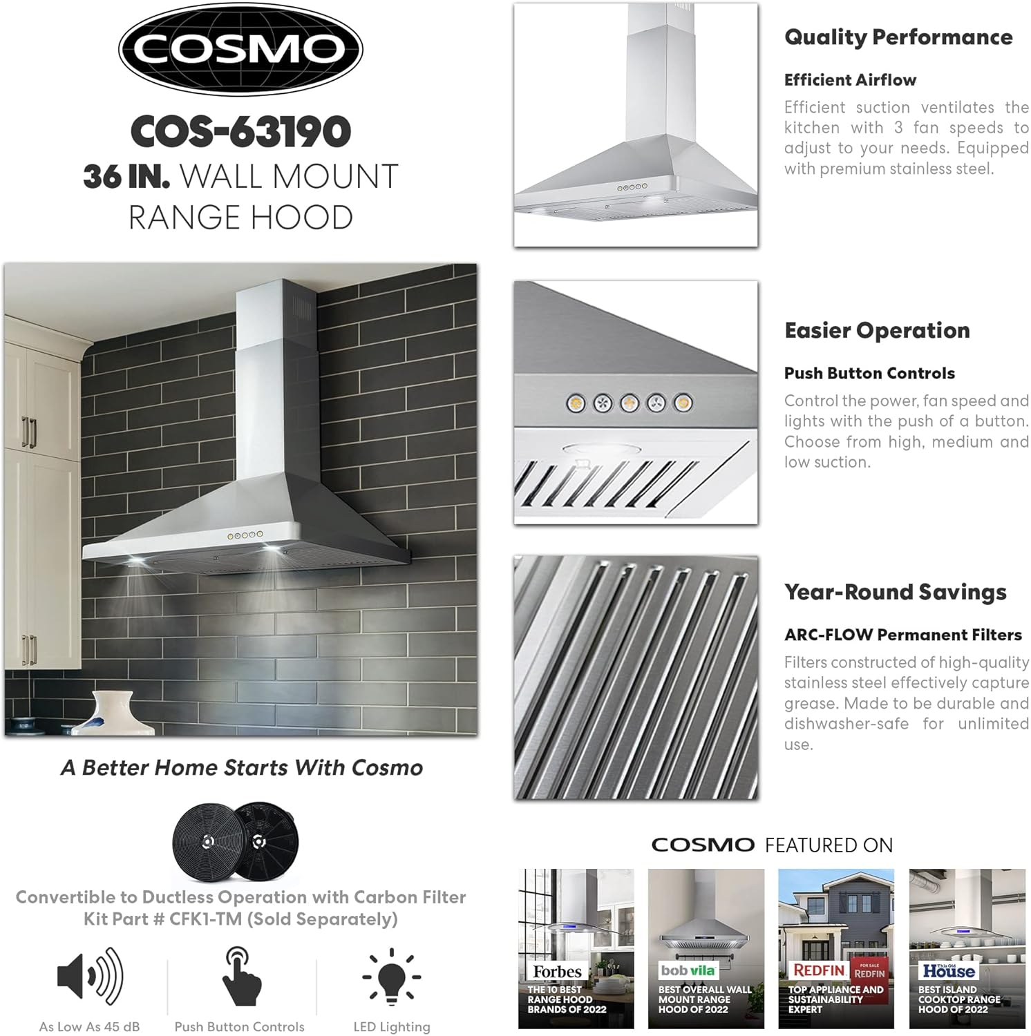 COSMO COS-12MWDSS 24 in. Built-in Microwave Drawer + COSMO 63190 36 in. Wall Mount Range Hood