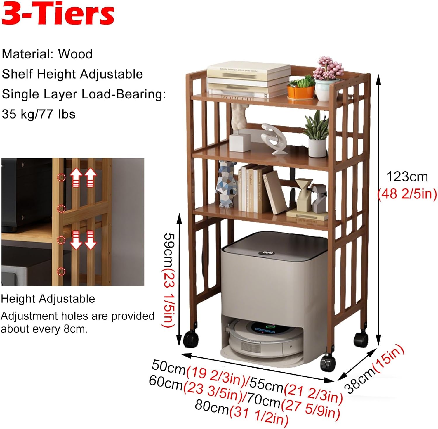 3 Layer Mobile Vacuum Cleaner Storage Stand Rack Holder, 48 Inch Tall Home Living Room Robot Vacuum Display Shelf, Wood Cabinet Side Table(Natural,W 70cm/27.5in)