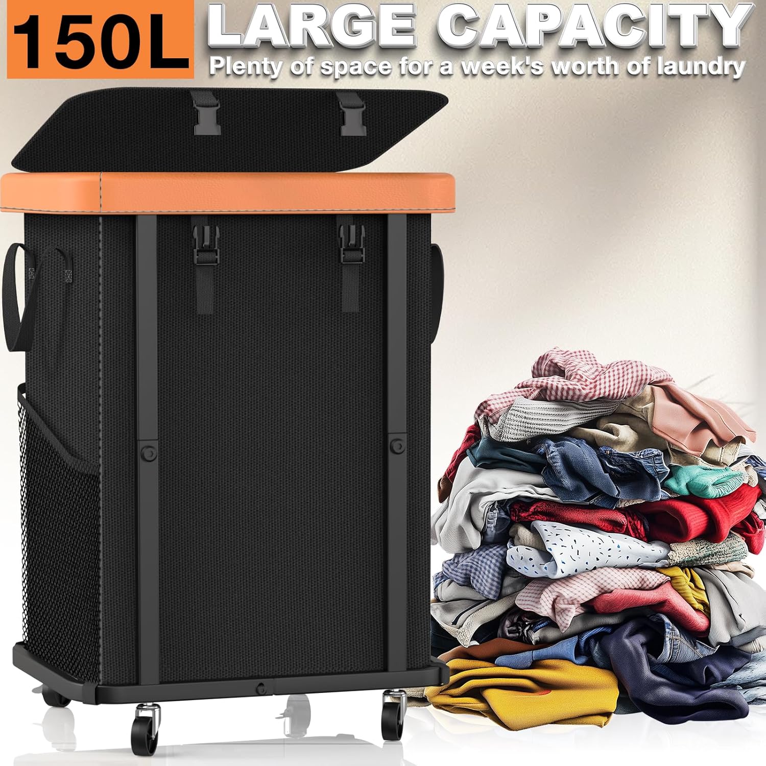150L (40 Gal) Large Fashion Laundry Basket with Wheels, Leather Patchwork Rolling Hamper Carts, Sturdy Metal Frame, Removable Washable Bag, Tall Clothes Sorter for Bedroom, Laundry Room - Black