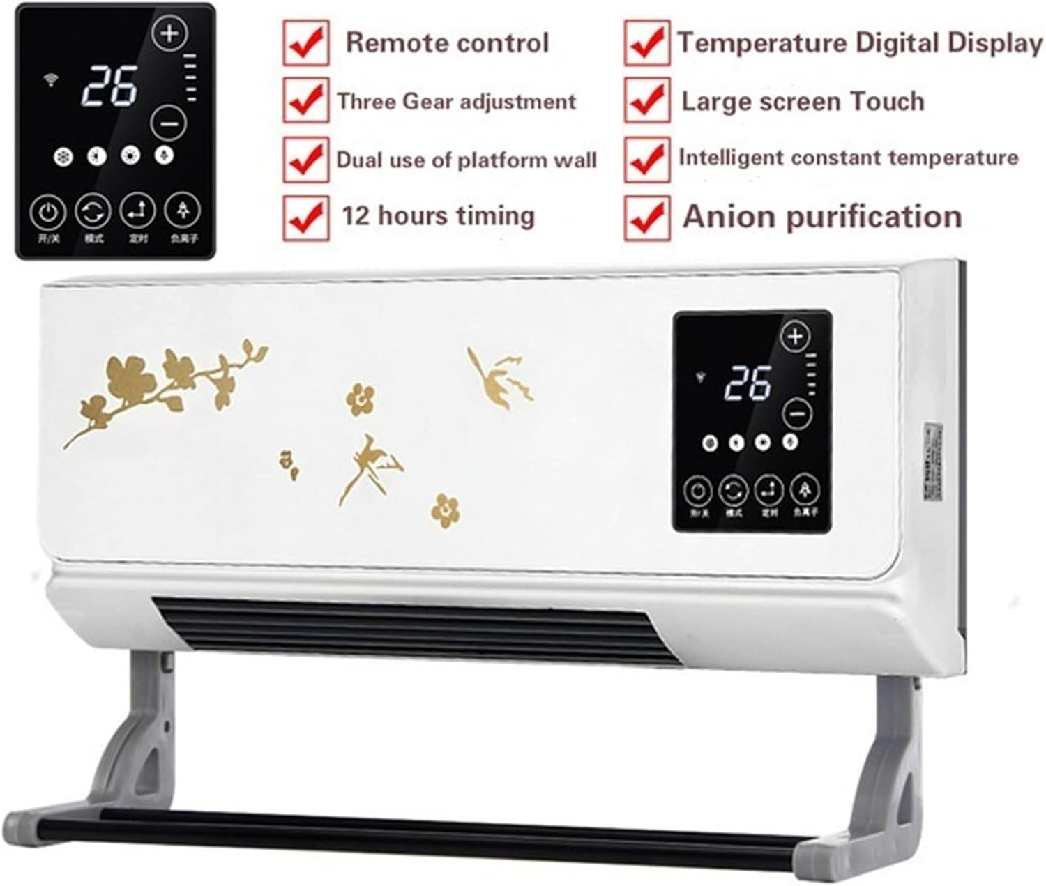 Electric Space Heater 2000W Wall Mounted Air Cooler Conditioner Heater Fan Heating Cooling Room Bathroom Waterproof Remote Timing Air Conditioning Fan Space Heaters