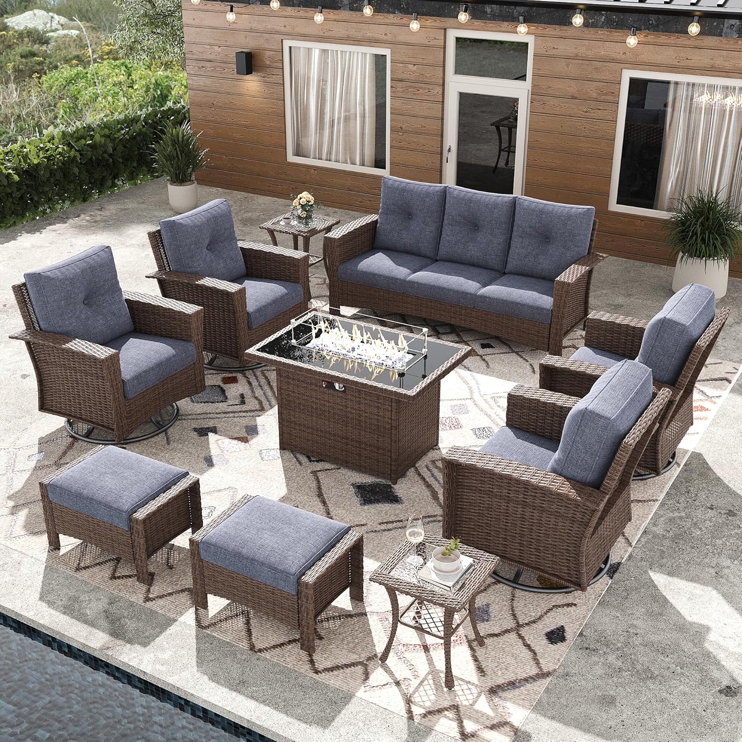 10 Pieces Outdoor Patio Furniture Set with Fire Pit Table, Wicker Patio Sectional Set Conversation Wicker Swivel Chairs with Small Side Table