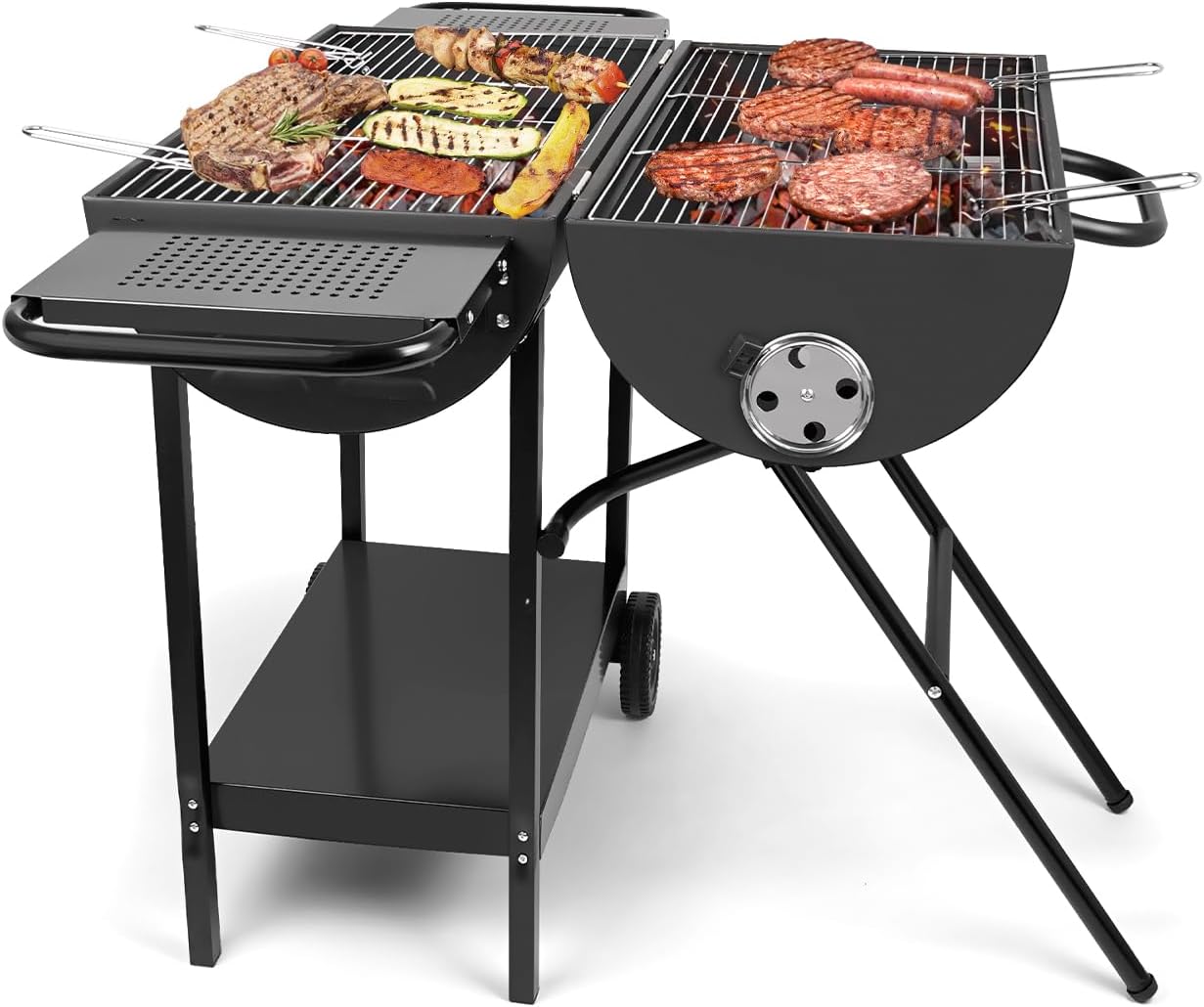 Double Charcoal Barrel Grill with Two Side Shelf, Large Stainless Steel Grill For Backyard Camping Picnic and Party