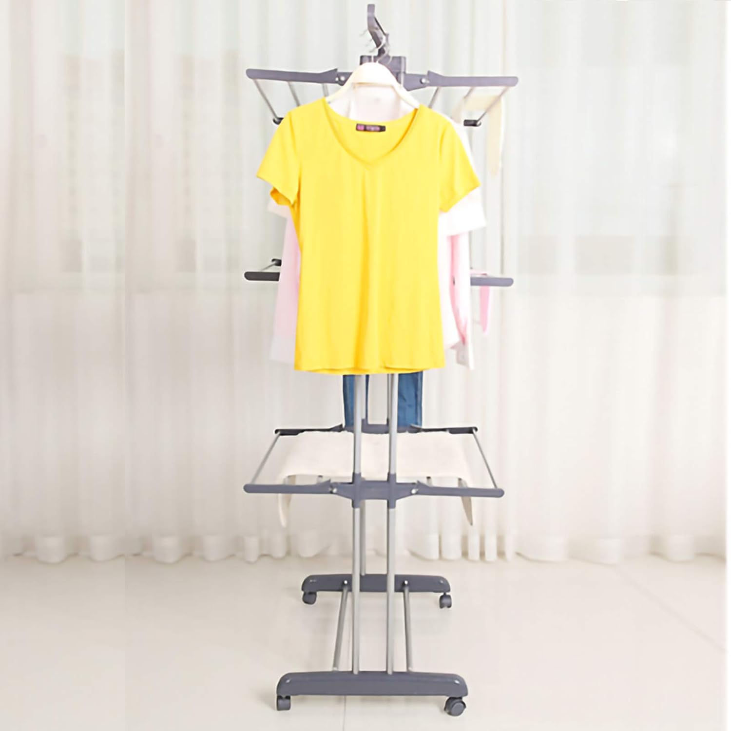 Clothes Drying Rack, Large 3-Tier Rolling Folding Dryer Hanger Storage Collapsible Garment Rack Standing Rack with Foldable Wings and Casters for Indoor Outdoor