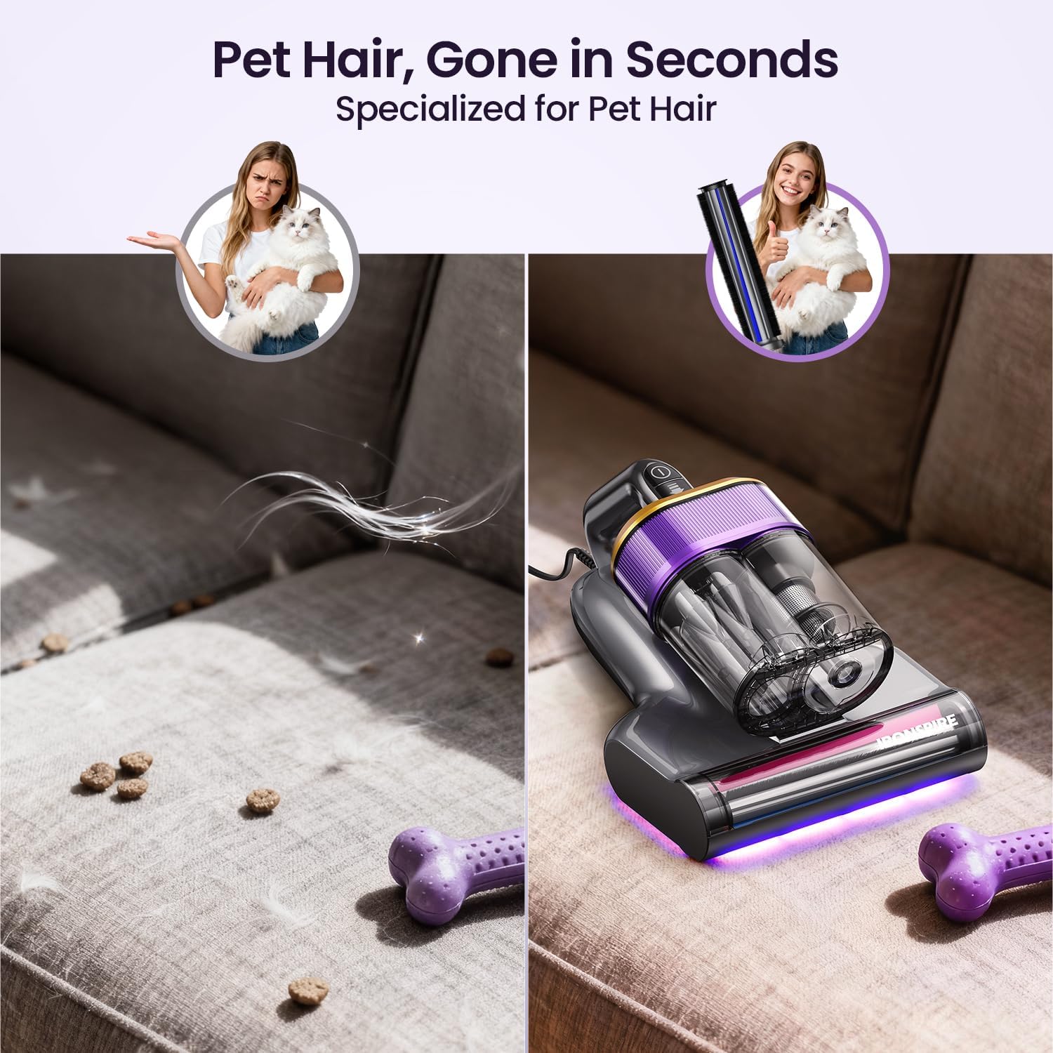Bed Vacuum Cleaner, Mattress Vacuum with 2 Roller Brushes 253.7nm UV-C Light & Ultrasonic,145°F Heat, HEPA Filter, 18kPa Suction 650W Powerful Handheld Vacuums for Dust & Pet Hair(Corded)