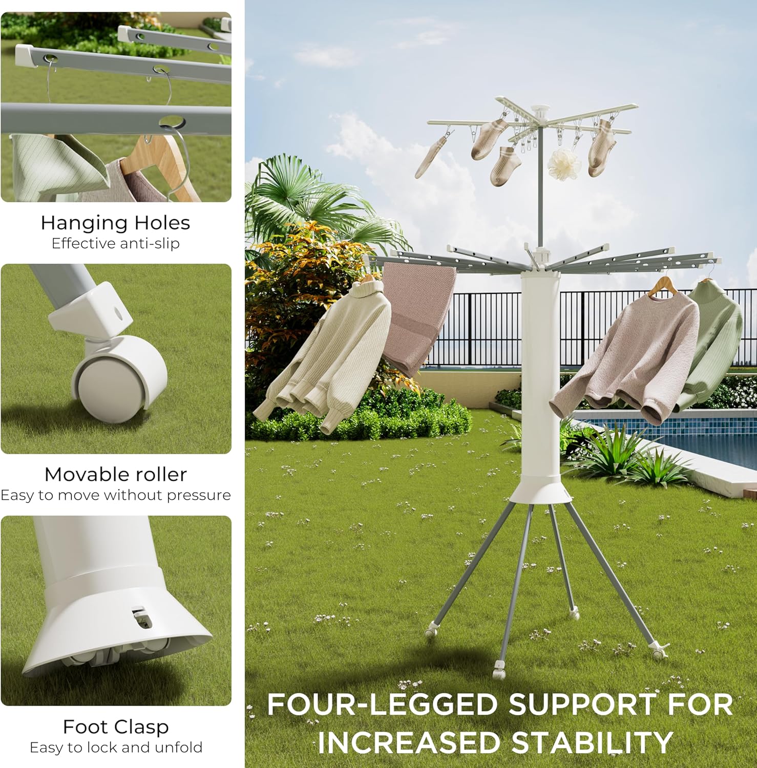 Clothes Drying Rack Foldable, 4-Legged Double Dryer Rack with 20 Clips, Laundry Drying Rack with 4 Pulleys, Portable Drying Rack Clothing, Collapsible Indoor Hanging Dry Rack for Clothes, Socks, Towel