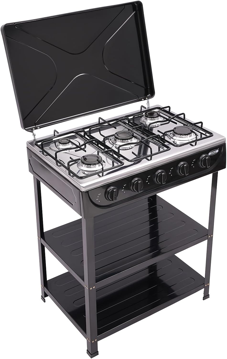 5 Burner Propane Stove Stand, 2.5KW Grill Dual Natural Gas Cooker Outdoor Camping BBQ Stove, 2 Tier Storage Rack Portable Stainless Steel for Backyard Cooking Home Brewing & Canning