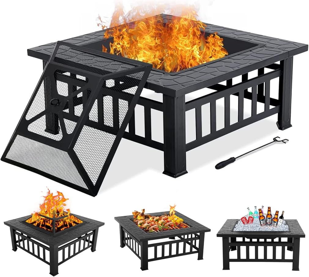 Fire Pit 32 inch Fire Pits for Outside Firepit Multi-Purpose Metal Fire Pit Outdoor Wood Burning Fire Pit Table with Spark Screen & Safety Poker for Camping, Picnic, BBQ, Backyard, Patio