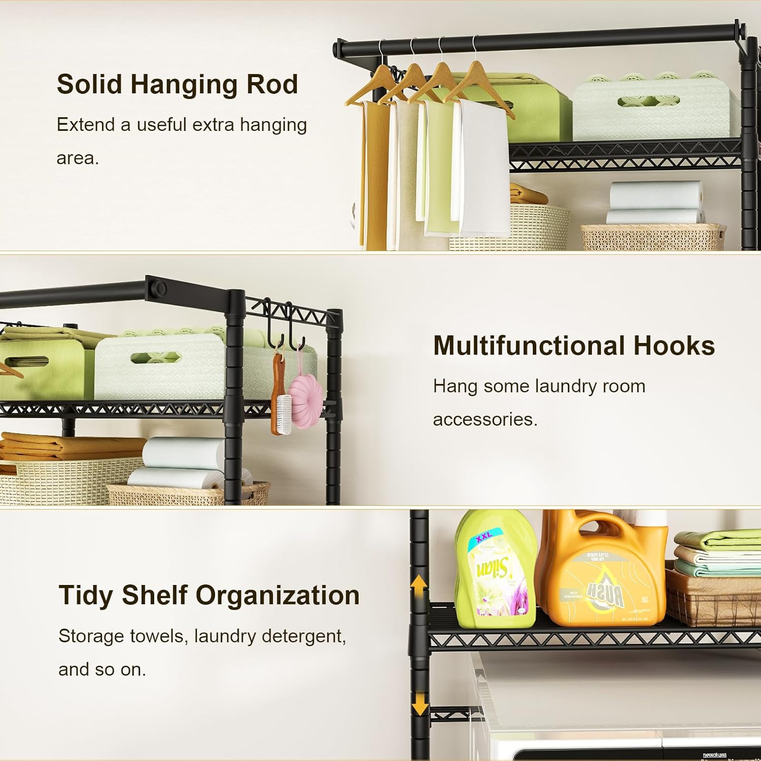 Ulif U11 Over Washer and Dryer Shelves, 3 Tiers Laundry Room Storage and Organizer Standing Shelf, Metal Freestanding Clothes Drying Rack, 33.9