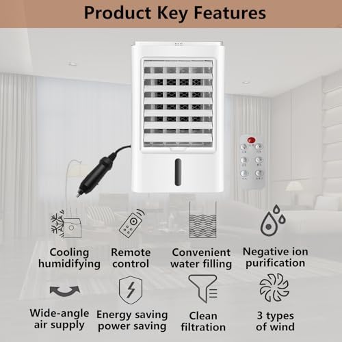 Air Cooler 4-in-1 Portable Air Conditioner Humidifier Cooling Fan Negative Ion Filter Personal Air Conditioning Unit Ac Unit Mini Fan with 3 Wind Speed Timer for Car Home Office 24VHomeCar