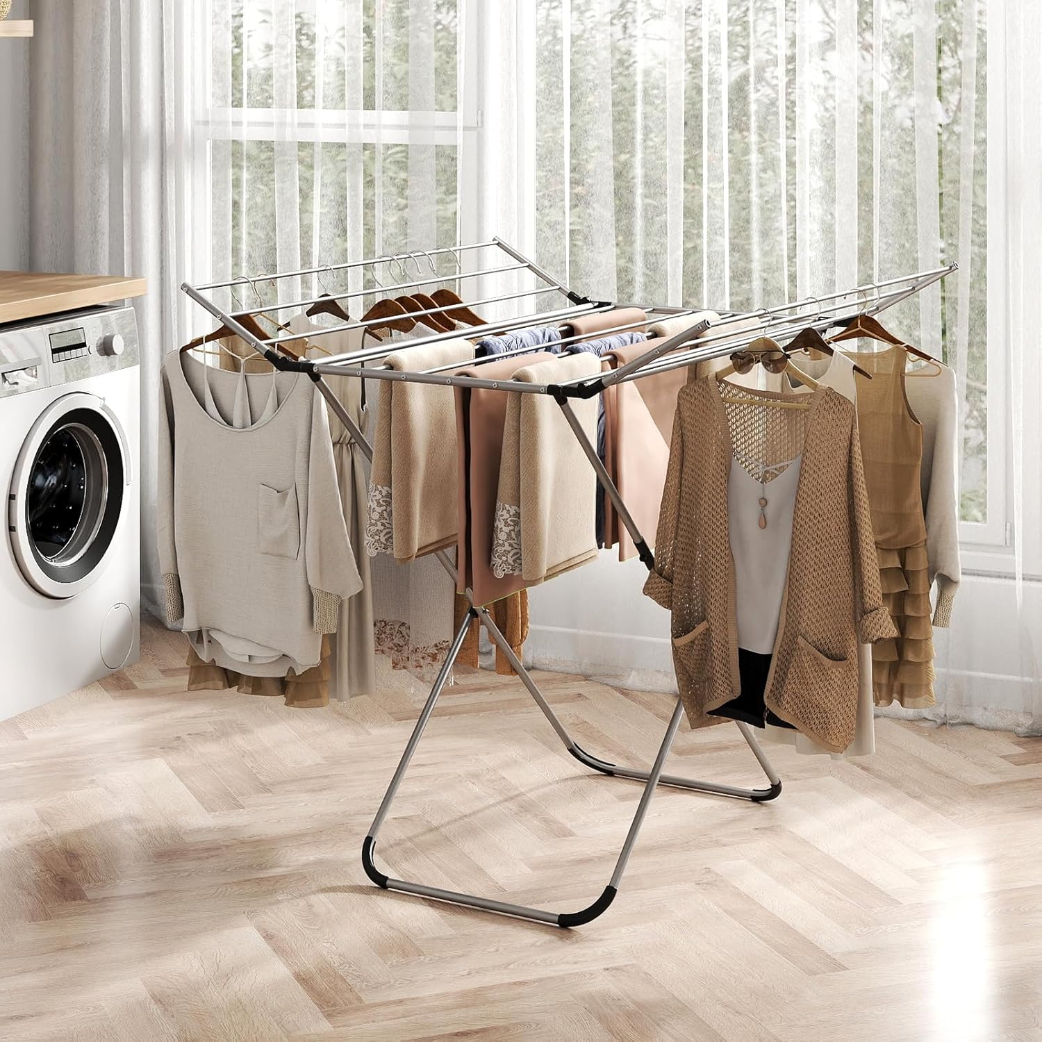 Giantex Folding Clothes Drying Rack, Freestanding Aluminum Laundry Drying Rack with 2 Side Wings, Portable Space-Saving Clothing Airer for Indoor Outdoor Use