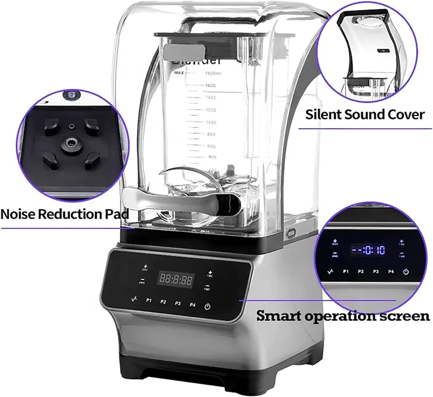Smoothie Blender,2600W Commercial Countertop Multiple Speed Smoothie Blender,1.6L High Speed Smoothie Maker,Household Quiet Blender,for Puree, Crush Ice, Smoothies(Silver)
