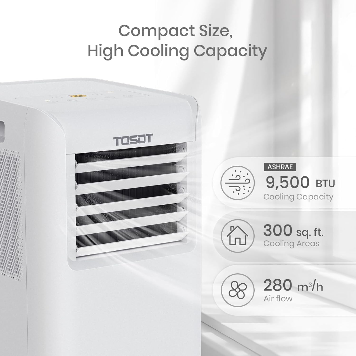 TOSOT 9,500 BTU Air Conditioner, Easy Install, Quiet 3-in-1 Portable AC, Dehumidifier, Fan, 300 Sq Ft, Aovia Series, White