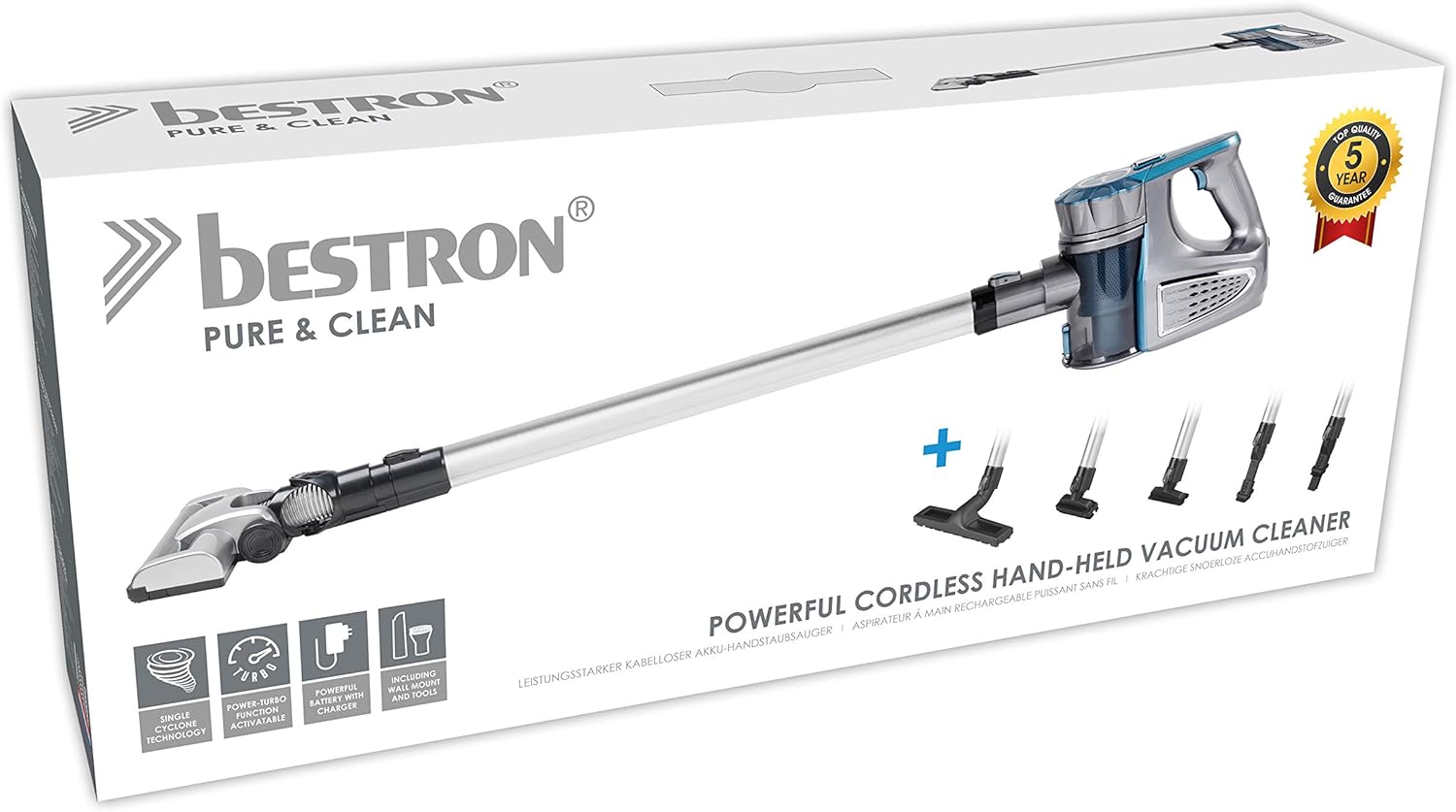 Bestron cordless handheld vacuum cleaner with rod, pouch, capacity: 0.6L, 120 watts, blue/grey