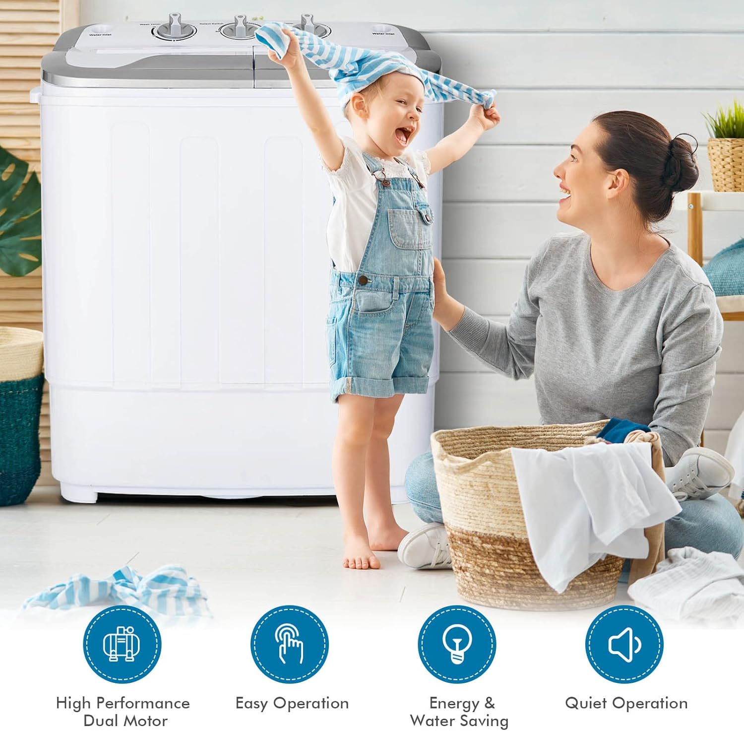 COSTWAY Portable Washing Machine, Twin Tub 13Lbs Capacity Washer 8Lbs and Spinner 5Lbs with Control Knobs, Timer Function, Drain Pump, Compact Laundry Washer for Home Apartment Dorms RV, Grey+White