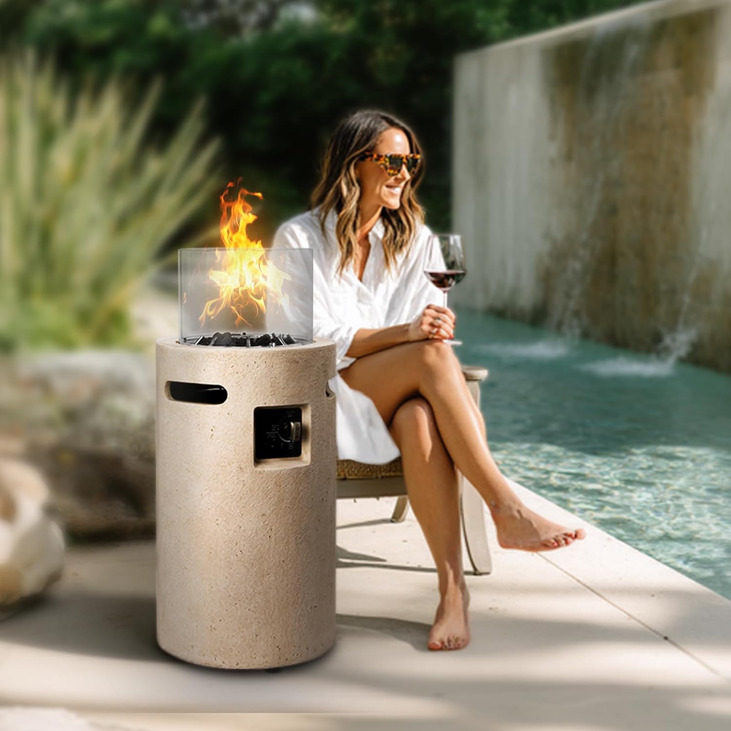 16 inch Propane Fire Column, 50,000 BTU Outside Gas Fire Pit with Glass Wind Guard, Lava Rocks for Outside Patio, Garden, Backyard