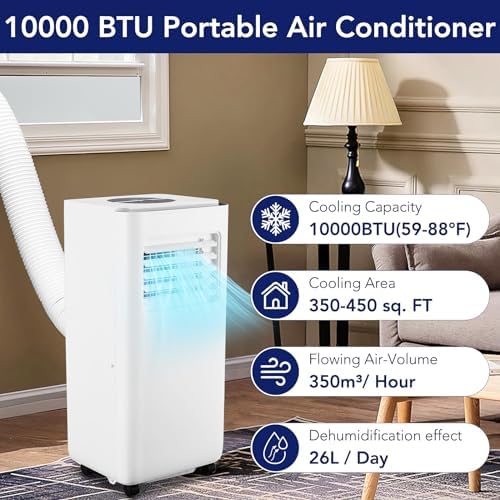 10000 BTU Portable Air Conditioners with Remote Control, 3-in-1 Free Standing Cooling AC Unit with Dehumidifier Fan Function, Cools Room up 450 Sq. Ft, Auto Swing, Sleep Mode, 24H Timer