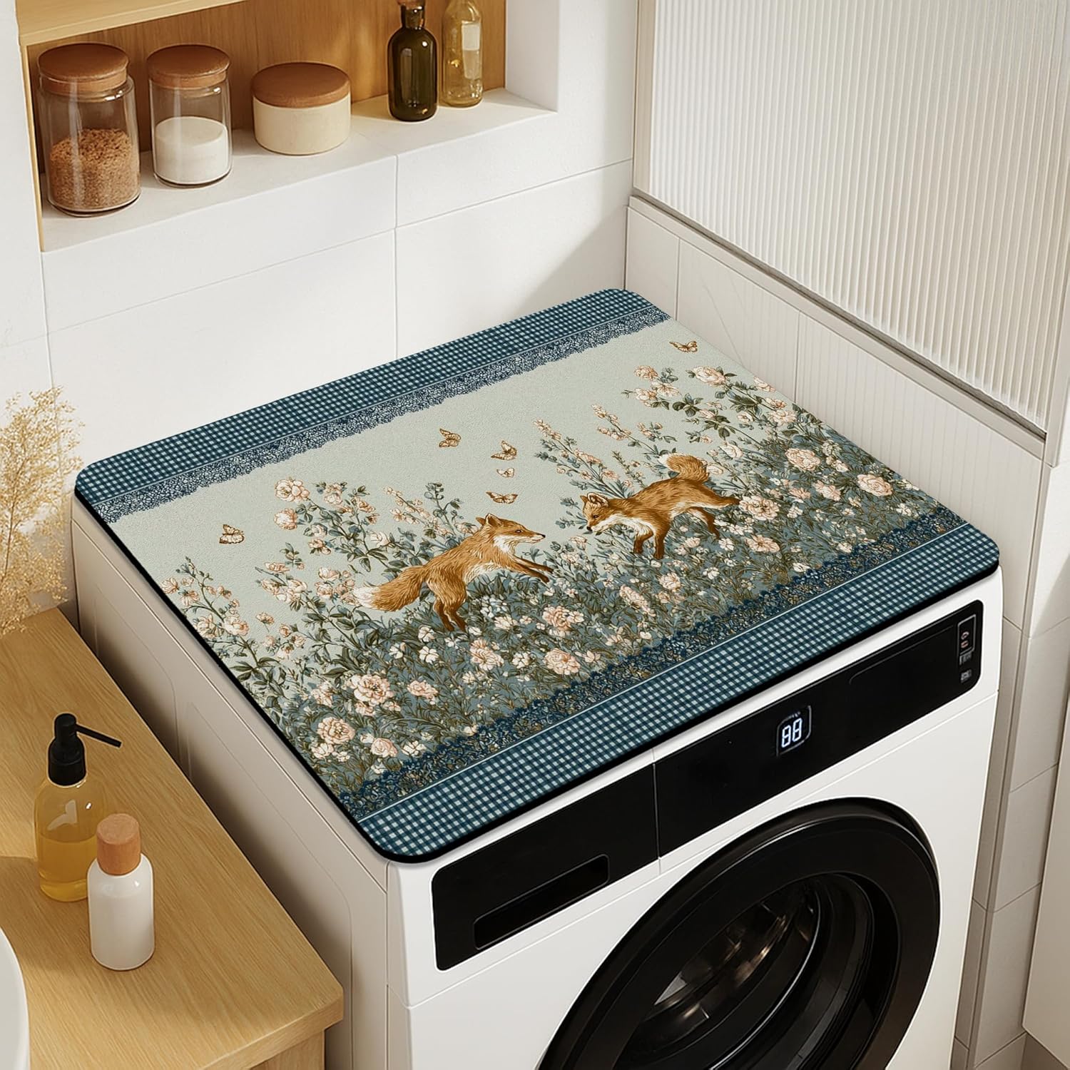 Floral Washer Dryer Top Protector Mat, Vintage Floral Laundry Machine Dust Cover, Spring Garden Design Rubber Anti-slip Waterproof Washer And Dryer Mats for Laundry Room 20x24 Inch