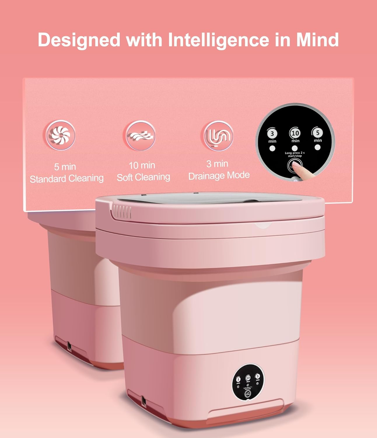 Mini Washing Machine 11L, Portable Washing Machine 3 Modes Deep Cleaning for Underwear, Baby Clothes or Socks, Mini Portable Washer Suitable for Apartments, Dorm, Camping, RV, Travel Laundry(Pink)