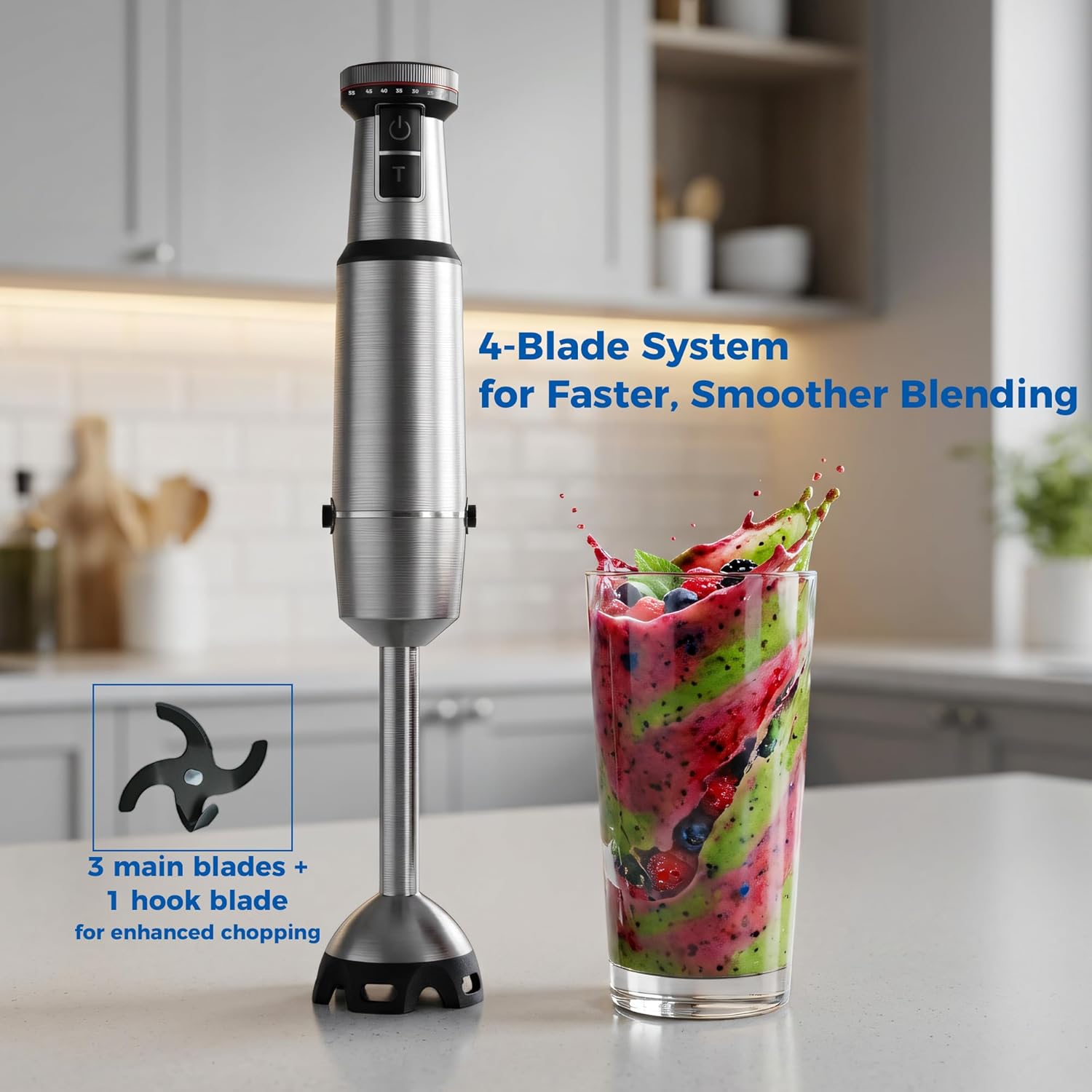 TALIA 4-in-1 Immersion Blender, Hand Blender with Stainless Steel Shaft, Variable Speed & Turbo, Dishwasher-Safe, for Soups, Smoothies, Baby Food, Puree & Shakes