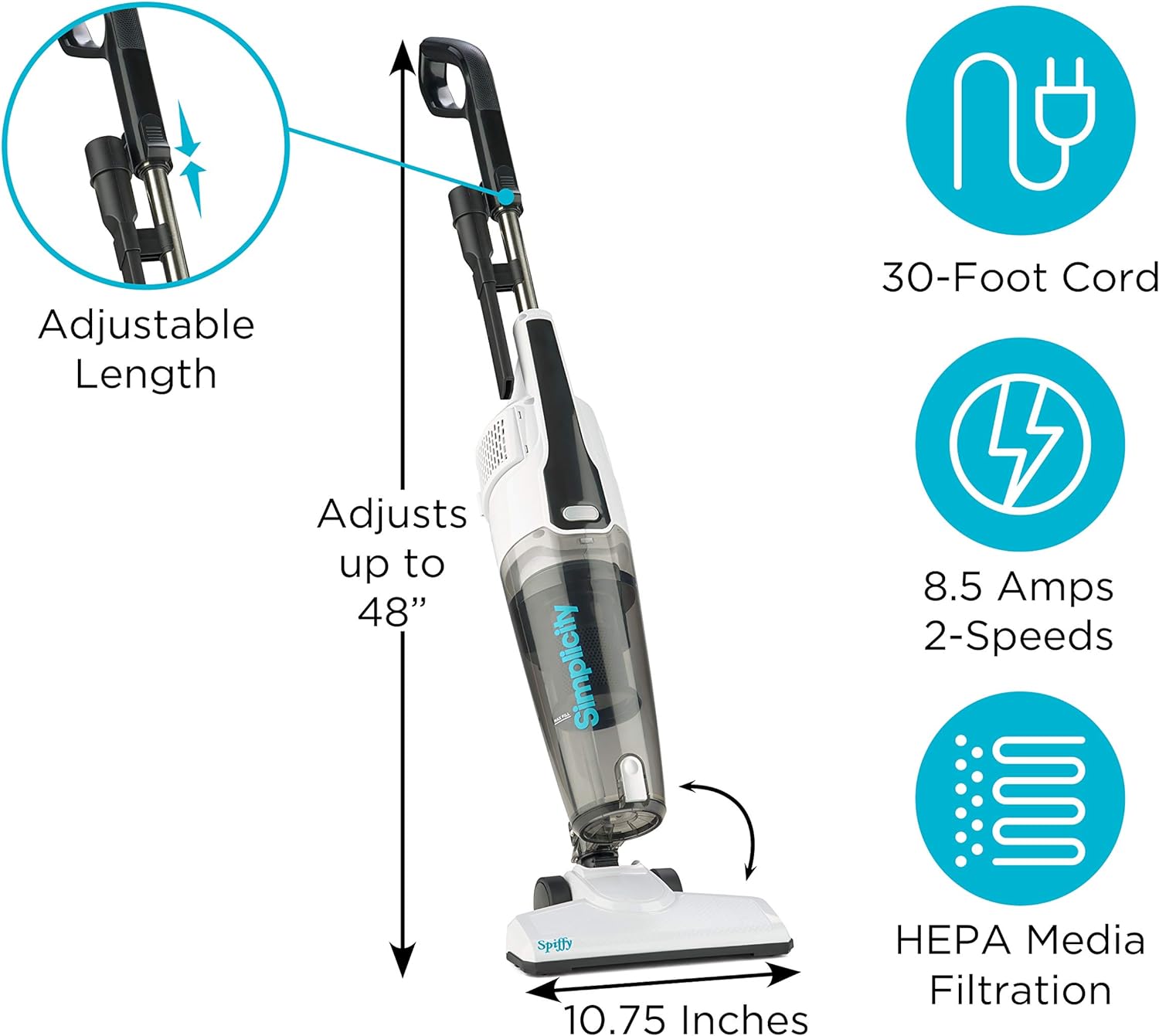 Simplicity Vacuums Corded Stick Vacuum Cleaner - Bagless, Two Speeds, HEPA Filter, Ideal for Hardwood & Tile, S60 Spiffy