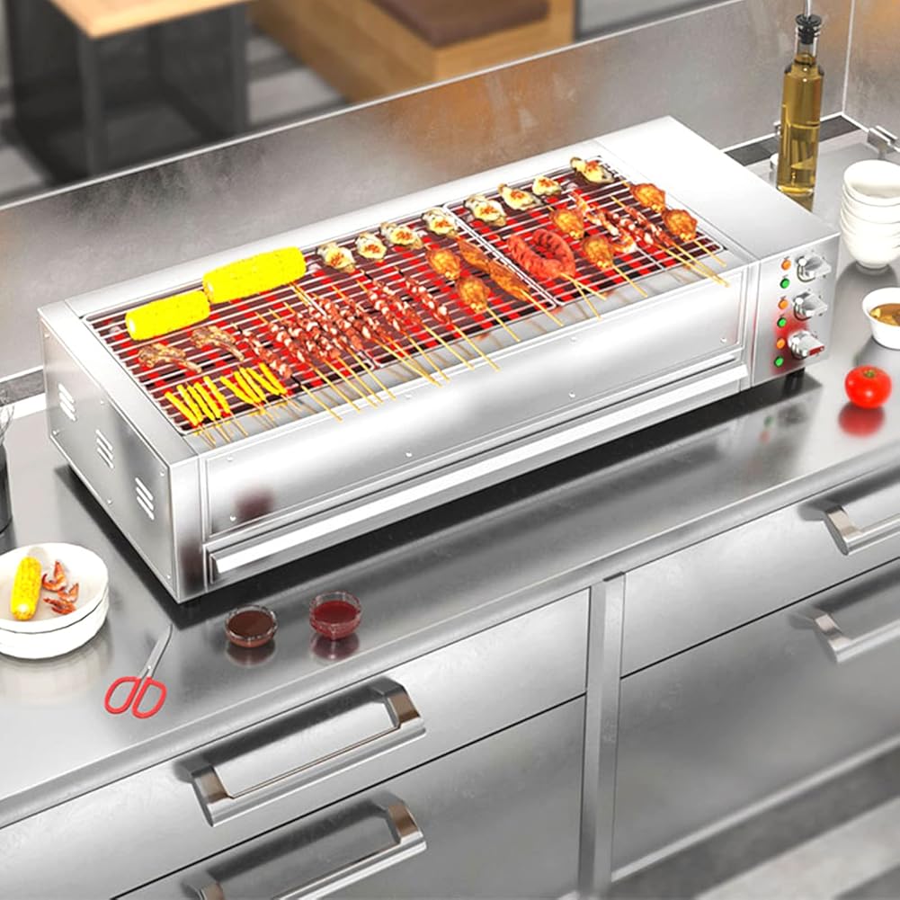 Smokeless Tabletop Grill, 9000 W Electric Grill with Drip Tray for Indoor and Outdoor Use, Kebab Sausage Grill with Adjustable Temperature