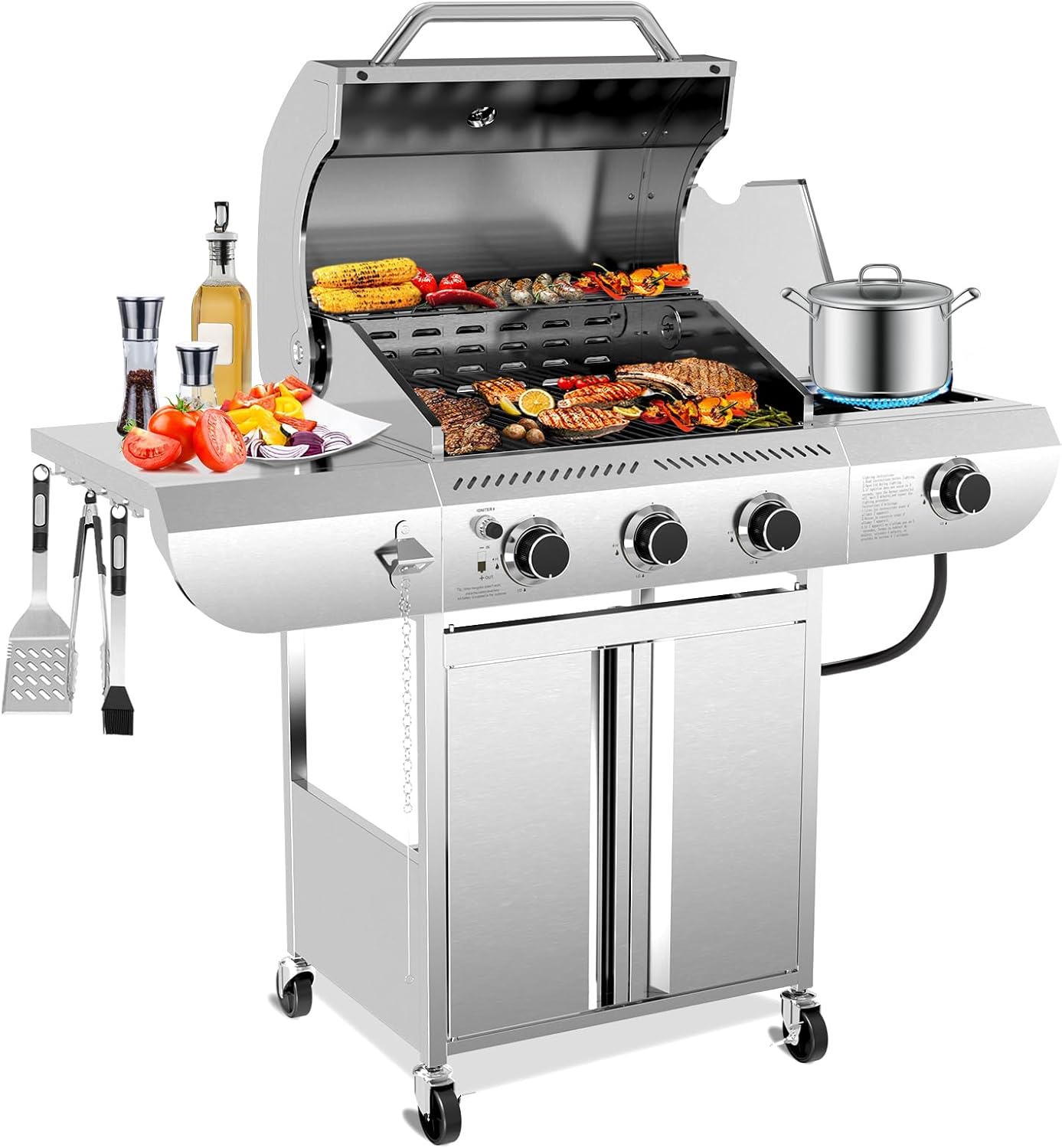 R.W.FLAME 3-Burner Propane Gas Grill With Sider Burner, Stainless Steel Propane Grill 34,000BTU, Multifunction & Protable Outdoor Barbecue Grill with Casters for Camping & Parties