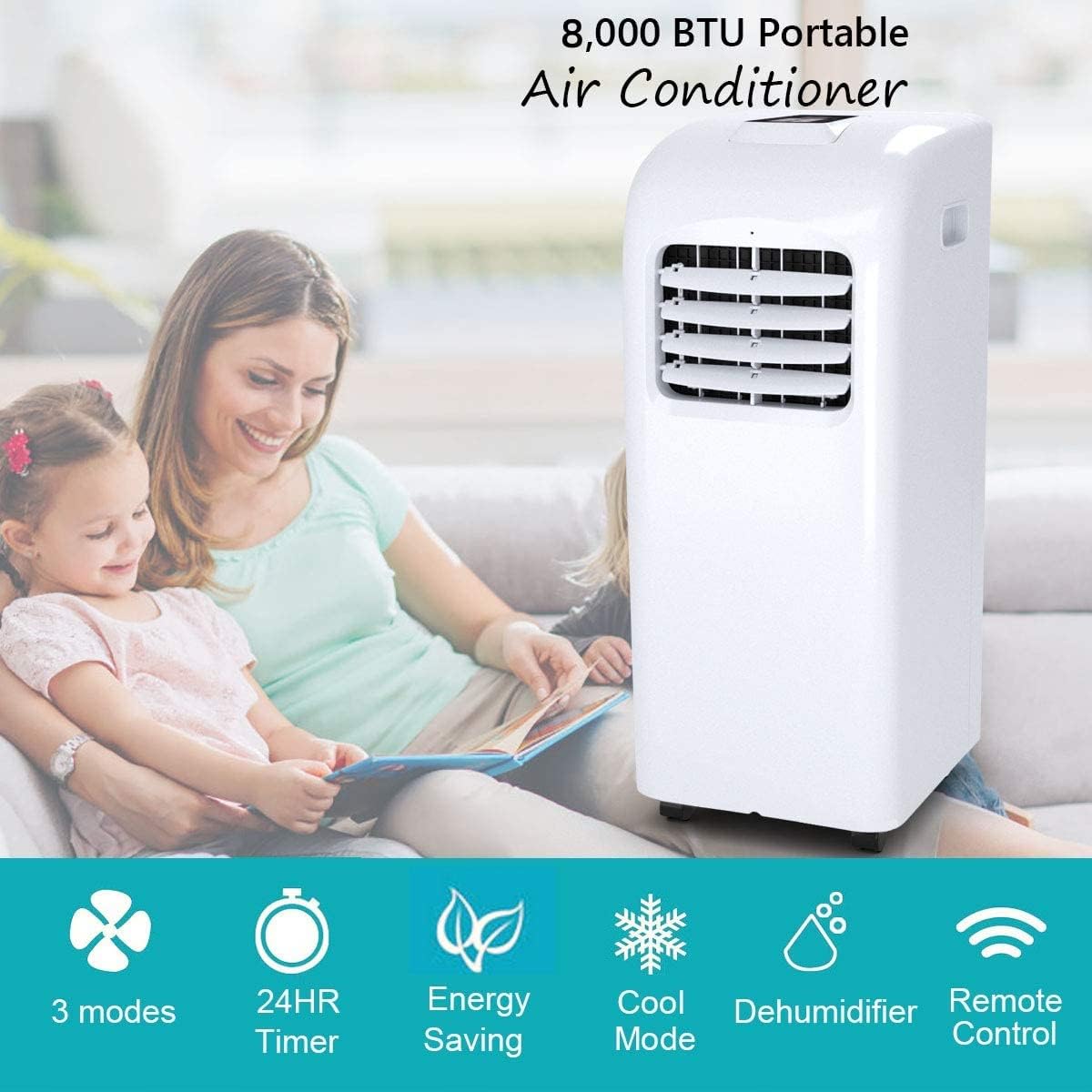 Nightcore Portable Air Conditioner, 8000BTU AC Unit w/Remote Control, LED Display & 24H Timer, Ideal for Home/Office/Apartment/Dorm, Freestanding Compact A/C with Temperature Control, White