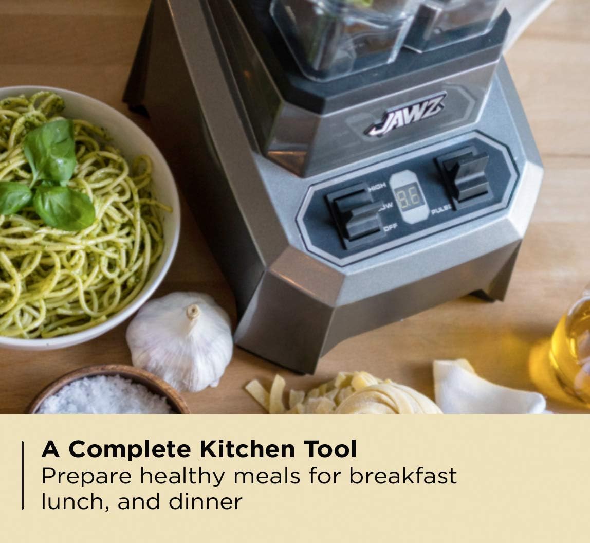 JAWZ High Performance Blender, 64 Oz Professional Grade Countertop Blender, Food Processor, Juicer, Smoothie or Nut Butter Maker, Simple 2 Speed Toggle Switch w Pulse, Stainless Steel Blades, Silver