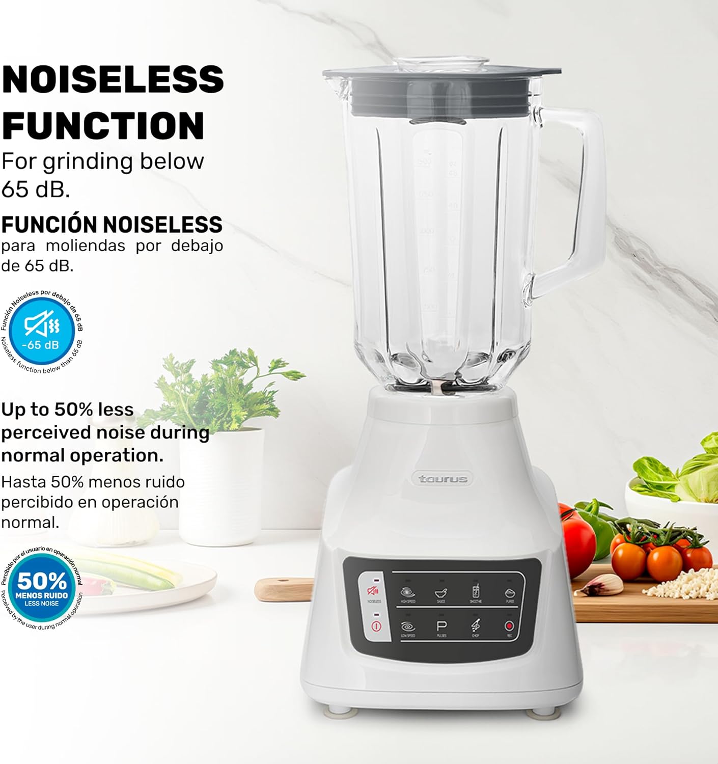 Taurus Potenza Comfort Blender, 1050W, 1.5L Glass Jar, Up to 50% Less Noise, Stainless Steel Blades, 9 Speed Settings, Quiet Powerful Blender for Smoothies, Ice, and Frozen Drinks