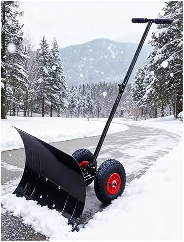 Wheeled Snow Shovel for Driveway, Adjustable Snow Pusher with Wheels, Ergonomic Plow Angle, Heavy-Duty Single Rod Snow Removal Tool (75x35cm/29.5x13.7in)