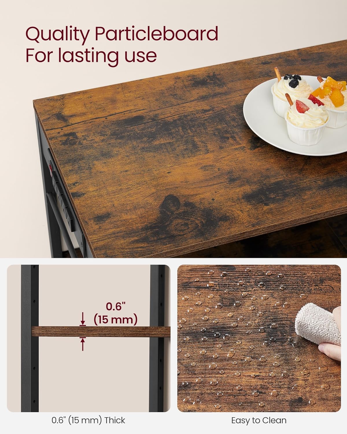 VASAGLE Baker's Rack, Coffee Bar Stand with Charging Station, 35.6 Inches Tall, Storage Shelves, Pull-Out Wire Basket, Table for Microwave, Kitchen, Rustic Brown and Ink Black UKKS036K01