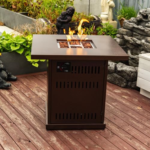 Propane Gas Fire Pit Table, 50000 BTU Square Steel Fire Pit for Outside Patio Deck Garden Courtyard-Brown 28