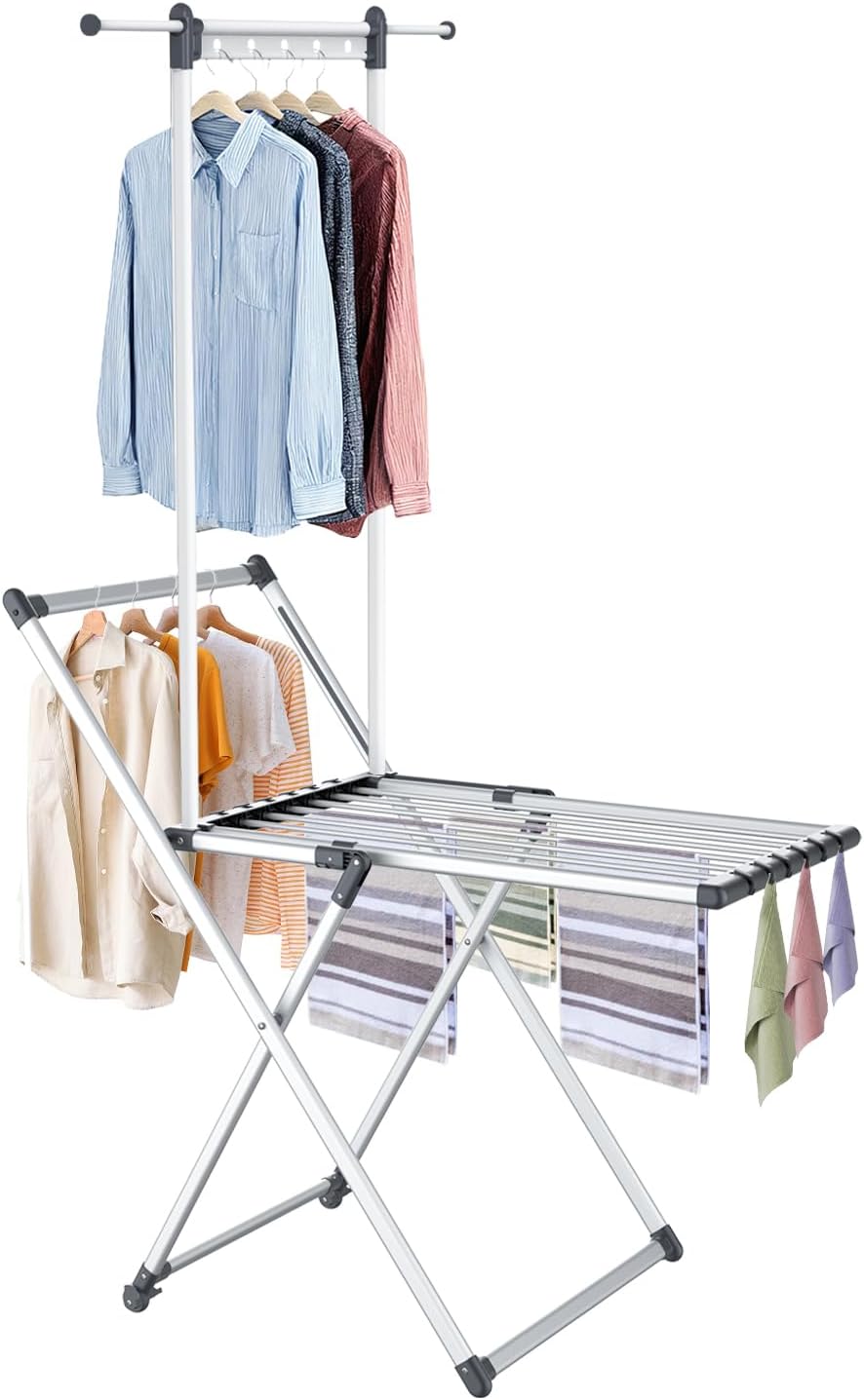 Clothes Drying Rack, Foldable Laundry Rack for Indoor Outdoor, 10pcs Sock Clips, Collapsible Space-Saving Drying Rack for Clothes Towels Dolls, White (Gray-Hanger)