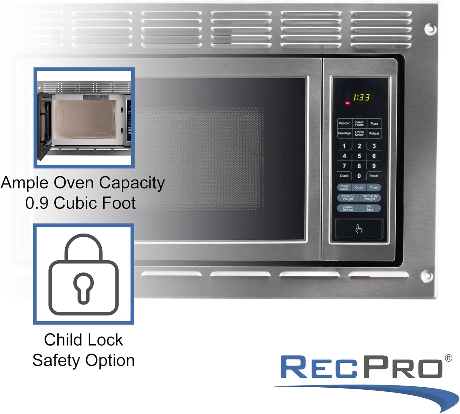 RecPro Over the Range RV Microwave | .9 cubic ft Stainless Steel Microwave with Trim Kit | 900 Watt | Direct Replacement for Greystone