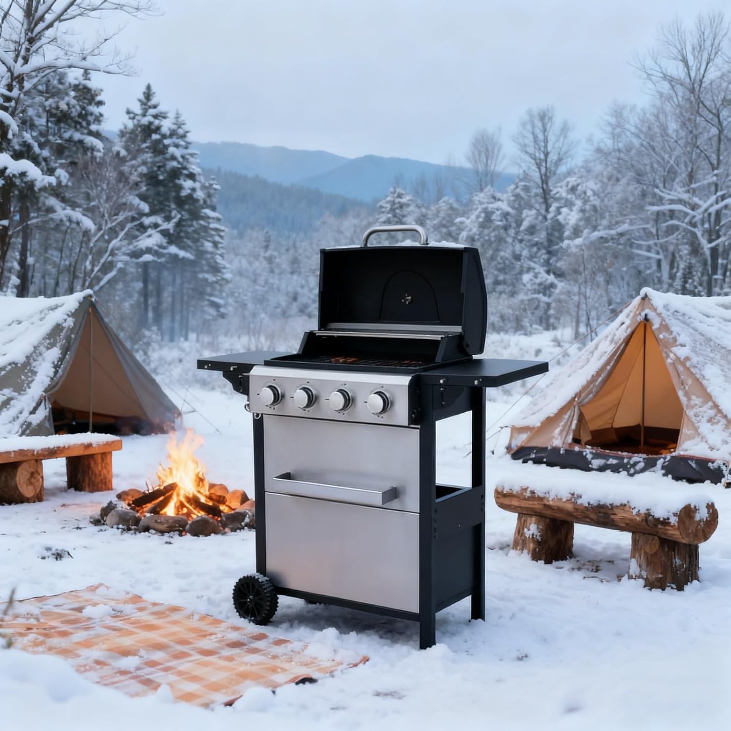 Propane Gas Grill, 4-Burner 34200BTU BBQ With Enameled Grids, Foldable Side Table - Stainless Steel Grills For Outdoor Cooking Camping