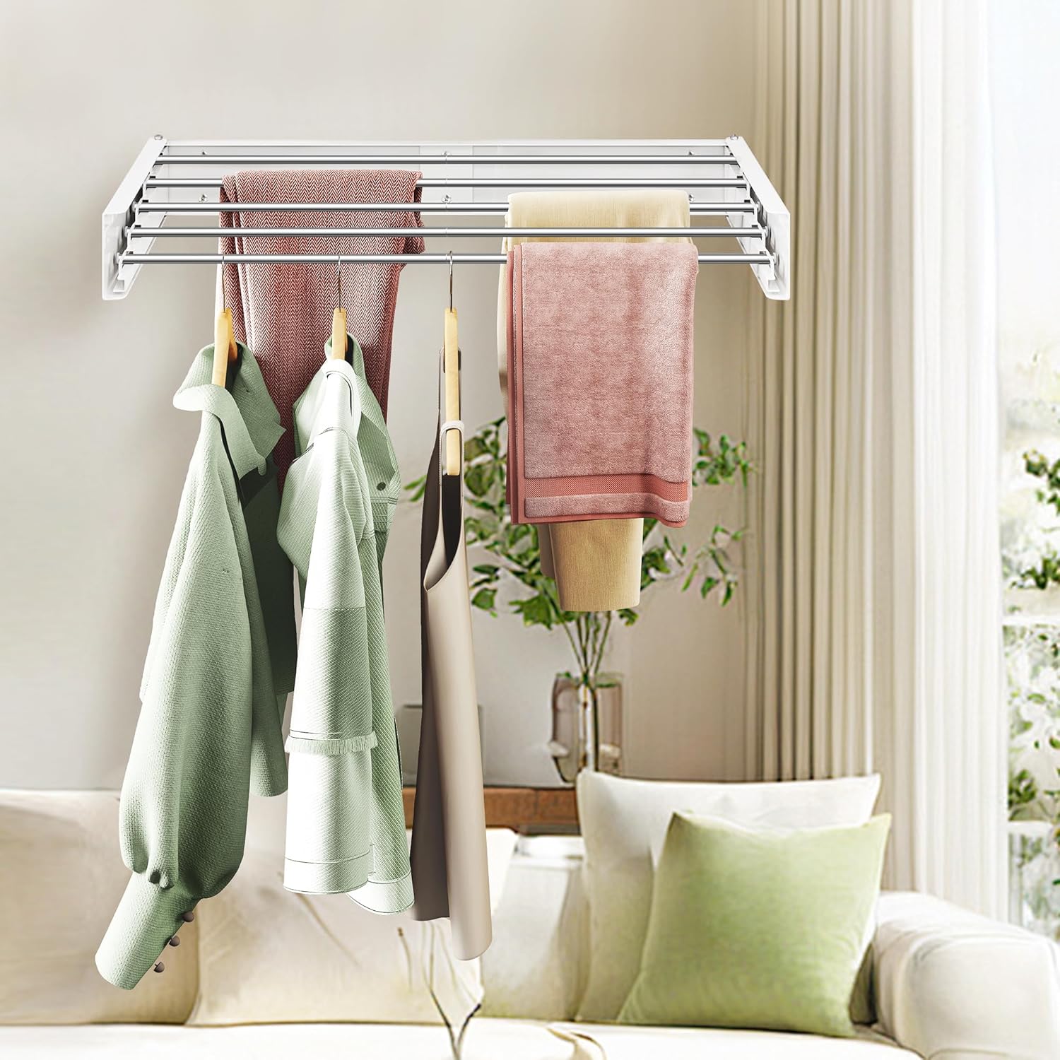 Wall Mounted Clothes Drying Rack 32 inches,Foldbale Laundry Drying Rack Wall Mount,Drying Rack Clothing Space Saver,Retractable,Collapsible,Folding Laundry Rack,White